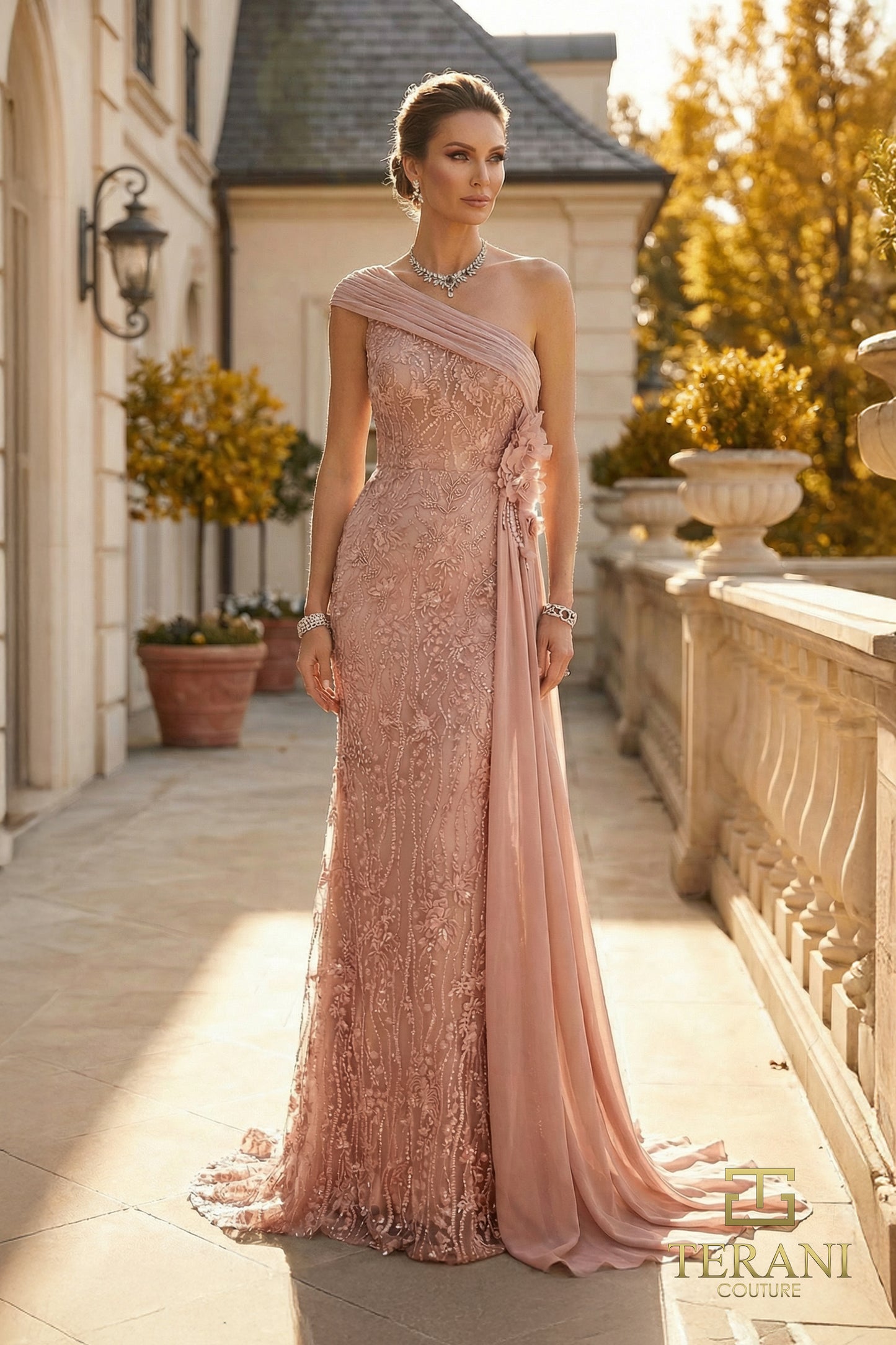 Terani Couture 262M7308 Pink One-Shoulder Beaded Lace & Tulle Sheath Mother of the Bride Gown with Asymmetrical Chiffon Side Drape