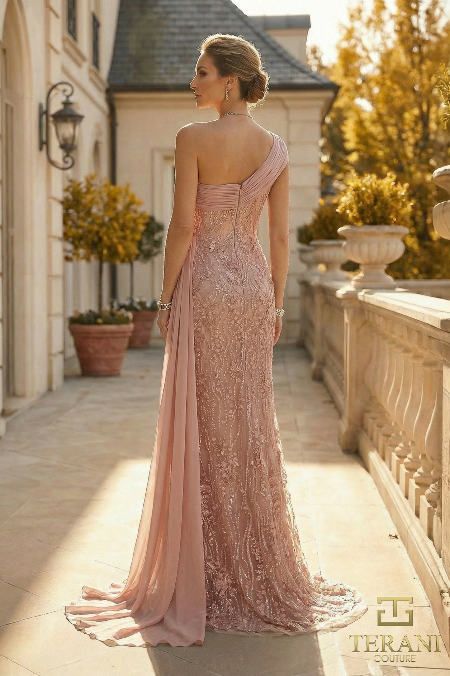 Terani Couture 262M7308 Pink One-Shoulder Beaded Lace & Tulle Sheath Mother of the Bride Gown with Asymmetrical Chiffon Side Drape