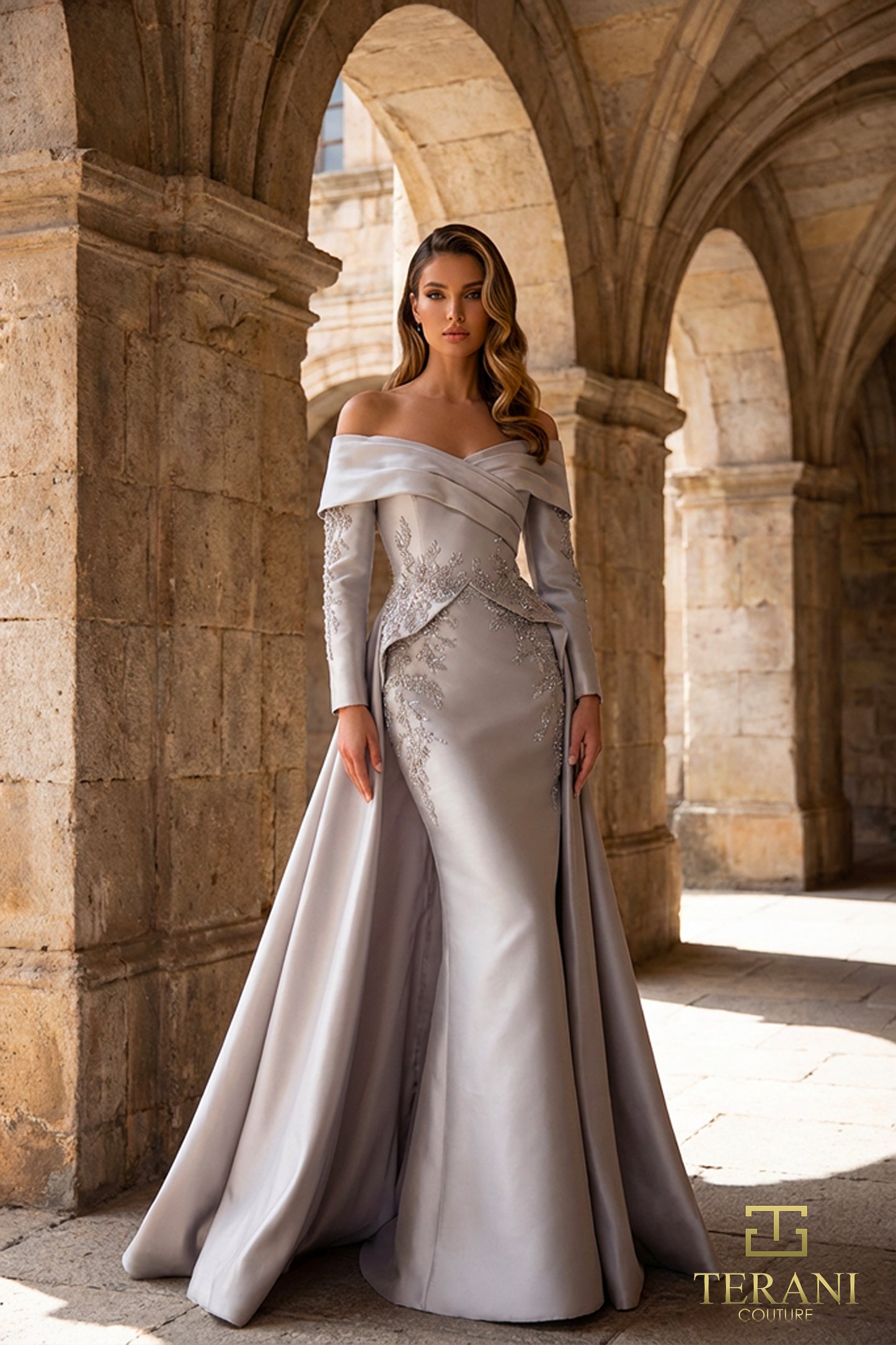 Terani Couture 262M7315 Silver Off-Shoulder Beaded Mikado Sheath Gown with Majestic Overskirt