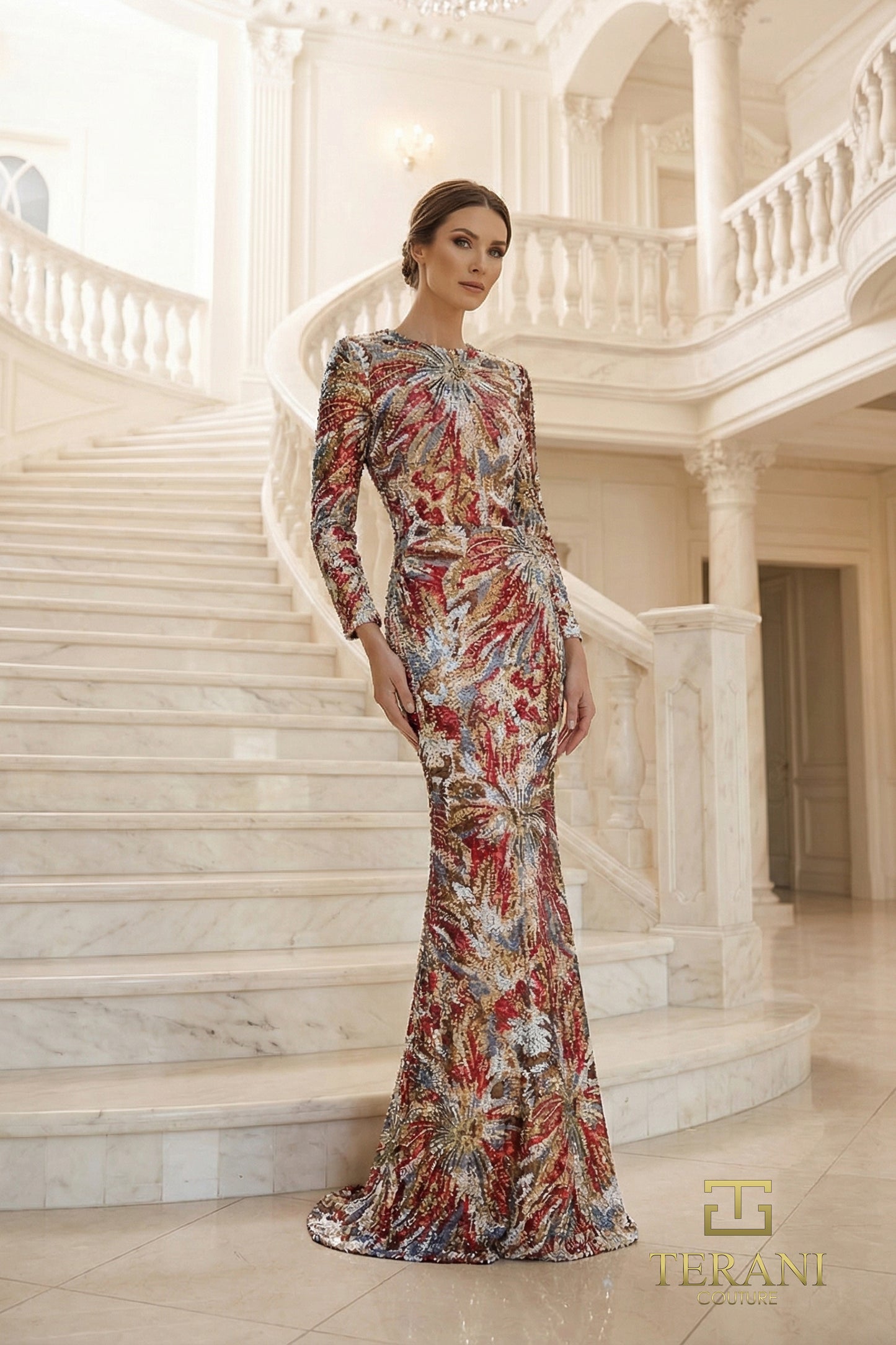 Terani Couture 262M7320 Multi High-Neck Starburst Printed Sequin Long-Sleeve Column Evening Gown