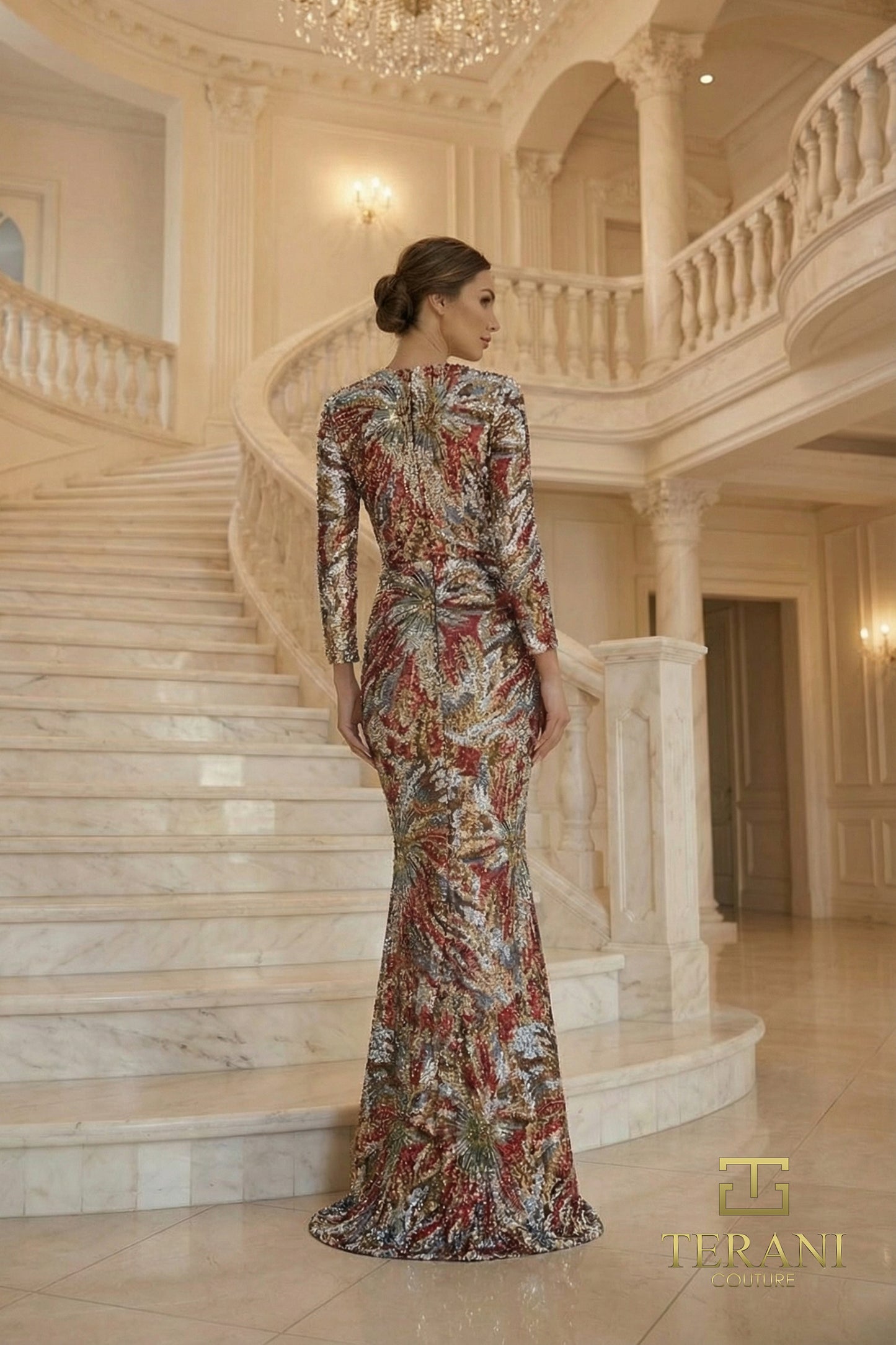 Terani Couture 262M7320 Multi High-Neck Starburst Printed Sequin Long-Sleeve Column Evening Gown