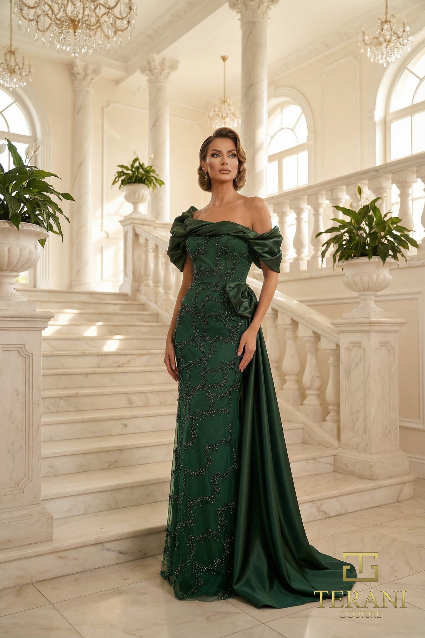 Terani Couture 262M7321 Green Off-Shoulder Puffed Sleeve Beaded Tulle Sheath Mother of the Bride Gown with Sculptural Side Train
