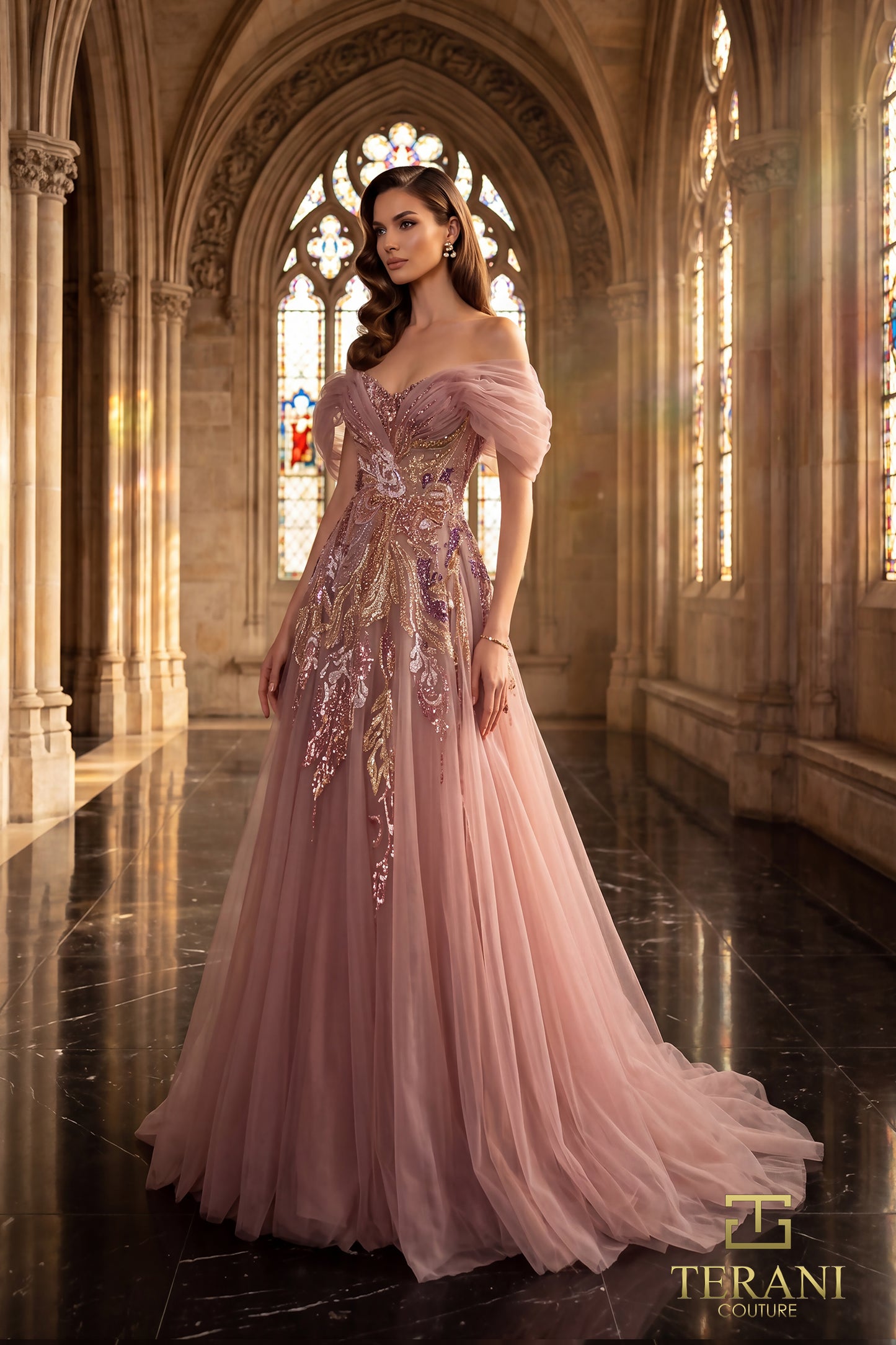 Terani Couture 262M7322 Pink Sweetheart Dropped Off-Shoulder Puff Sleeve Beaded Tulle A-Line Mother of the Bride Gown