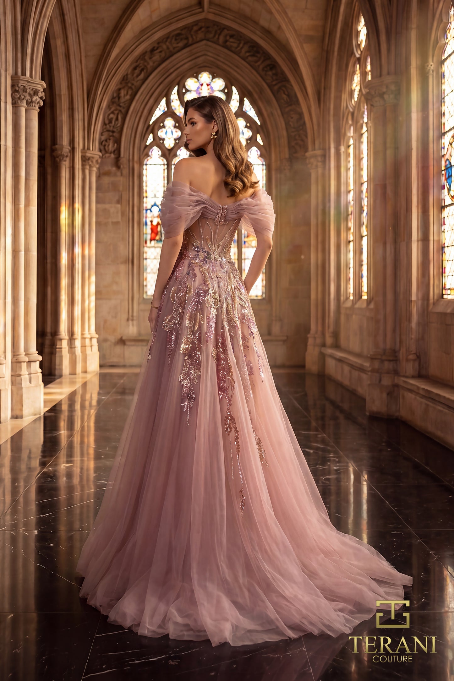 Terani Couture 262M7322 Pink Sweetheart Dropped Off-Shoulder Puff Sleeve Beaded Tulle A-Line Mother of the Bride Gown