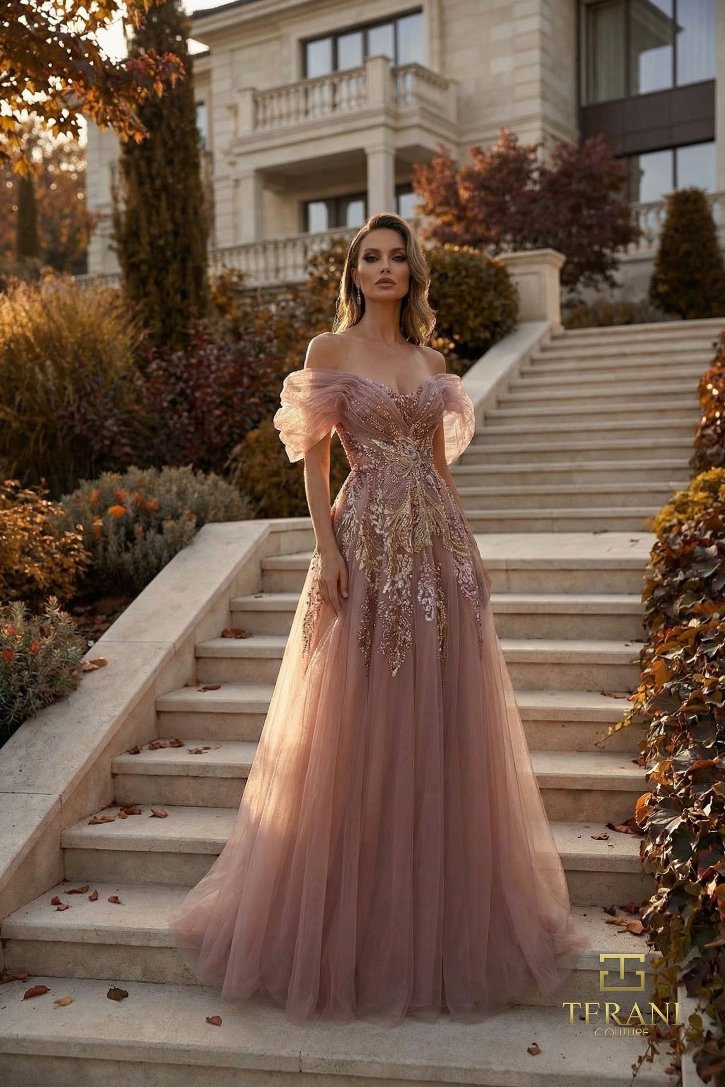 Terani Couture 262M7322 Pink Sweetheart Dropped Off-Shoulder Puff Sleeve Beaded Tulle A-Line Mother of the Bride Gown