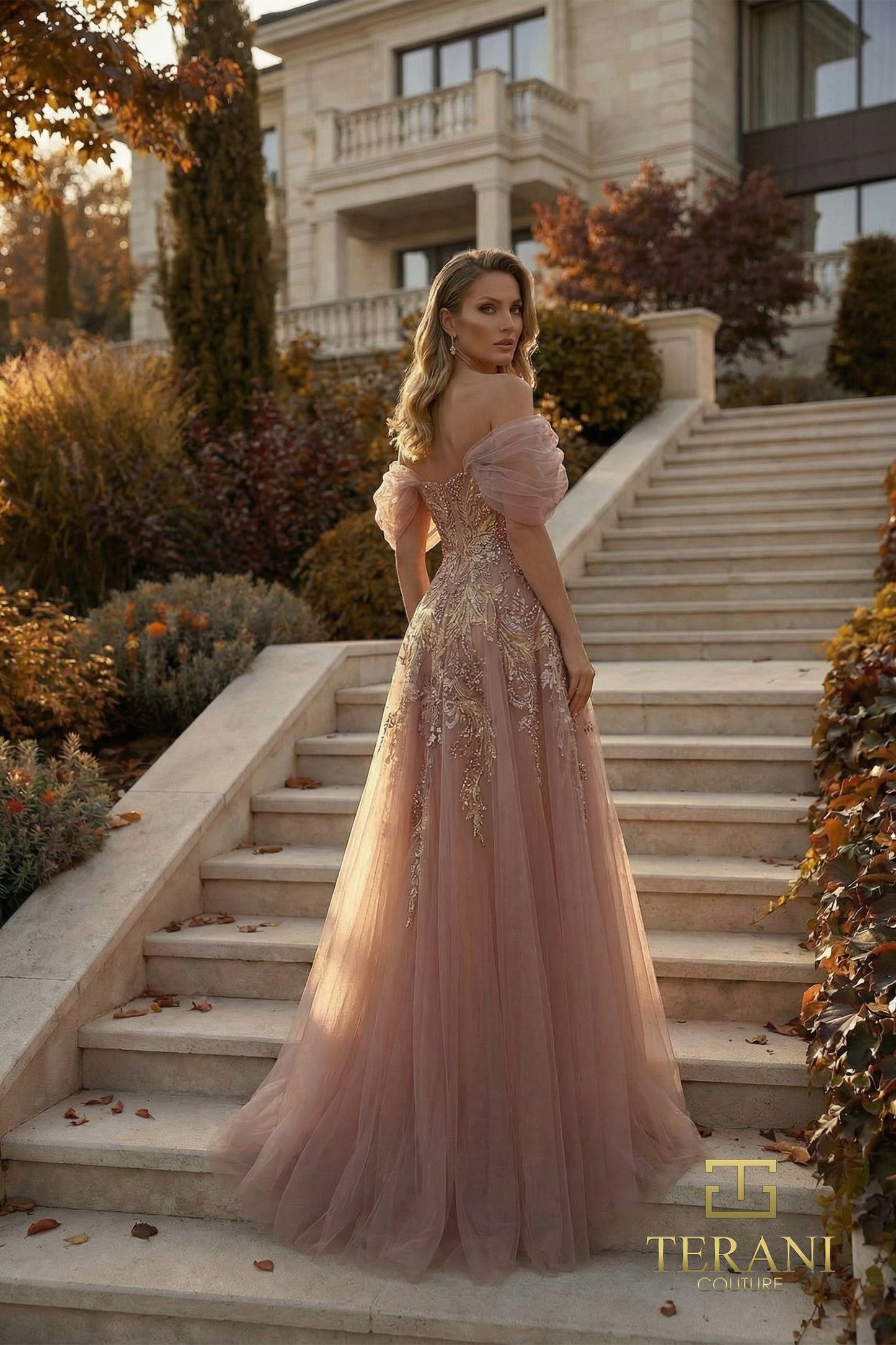 Terani Couture 262M7322 Pink Sweetheart Dropped Off-Shoulder Puff Sleeve Beaded Tulle A-Line Mother of the Bride Gown