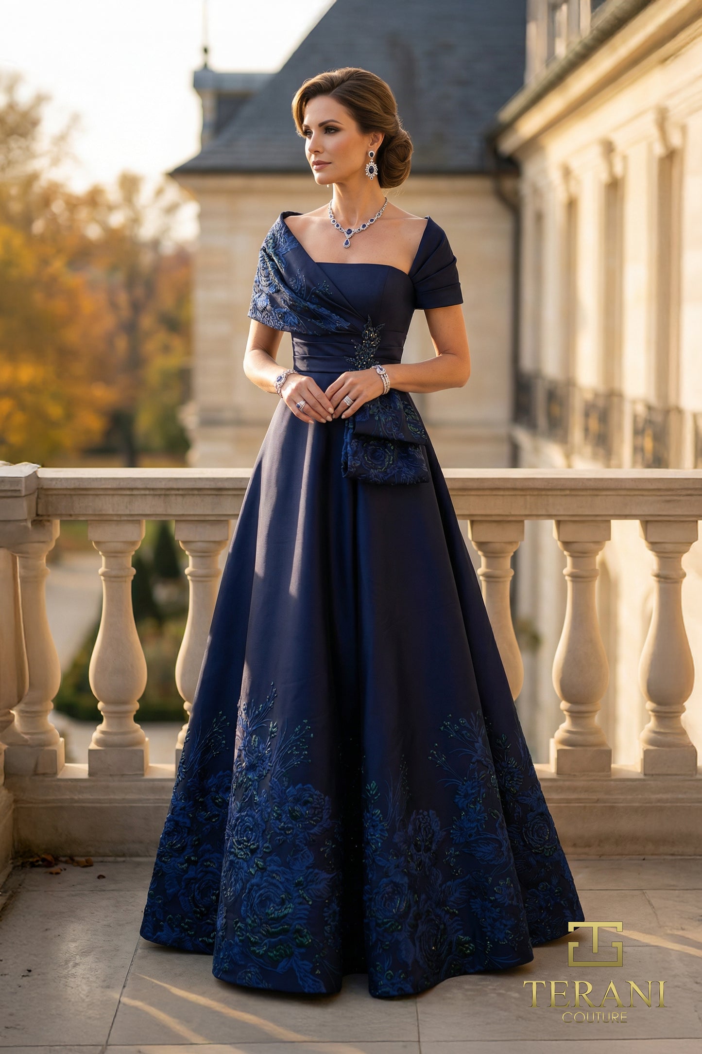 Terani Couture 262M7323 Navy Asymmetrical Portrait Collar Embroidered Border Jacquard Grand A-Line Ballgown