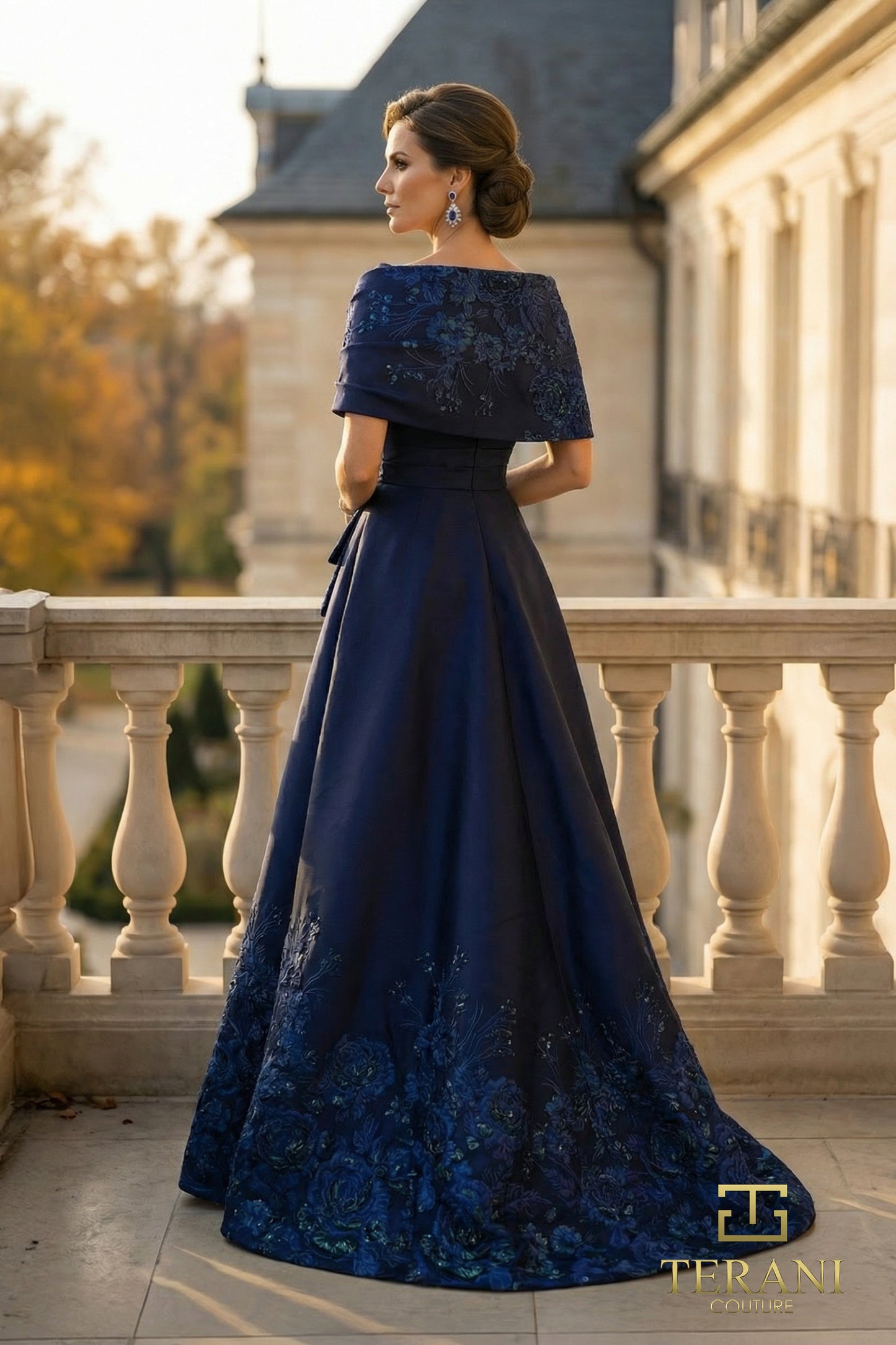 Terani Couture 262M7323 Navy Asymmetrical Portrait Collar Embroidered Border Jacquard Grand A-Line Ballgown