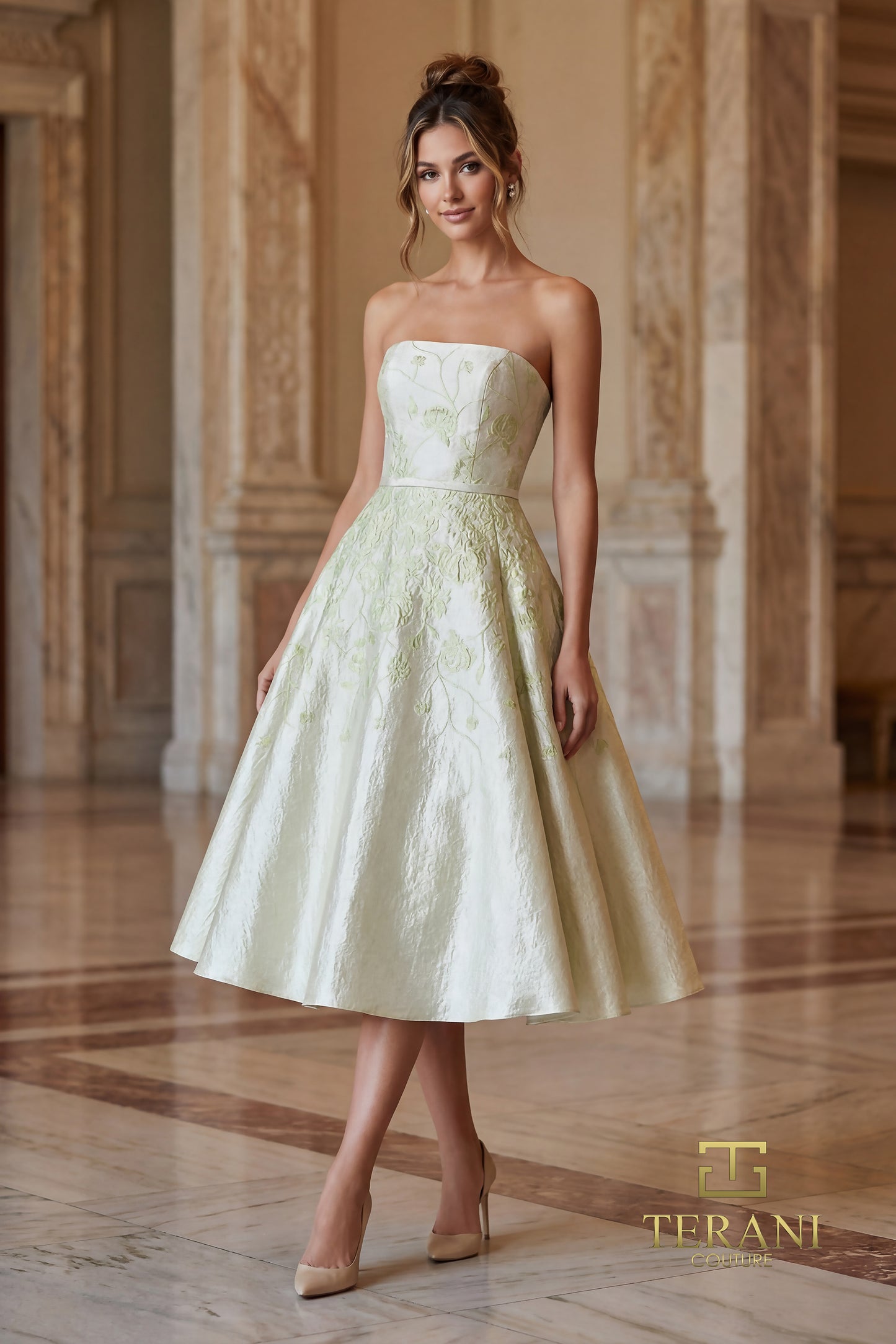 Terani Couture 262C7500 Silver Strapless Embroidered Metallic Jacquard A-Line Cocktail Dress