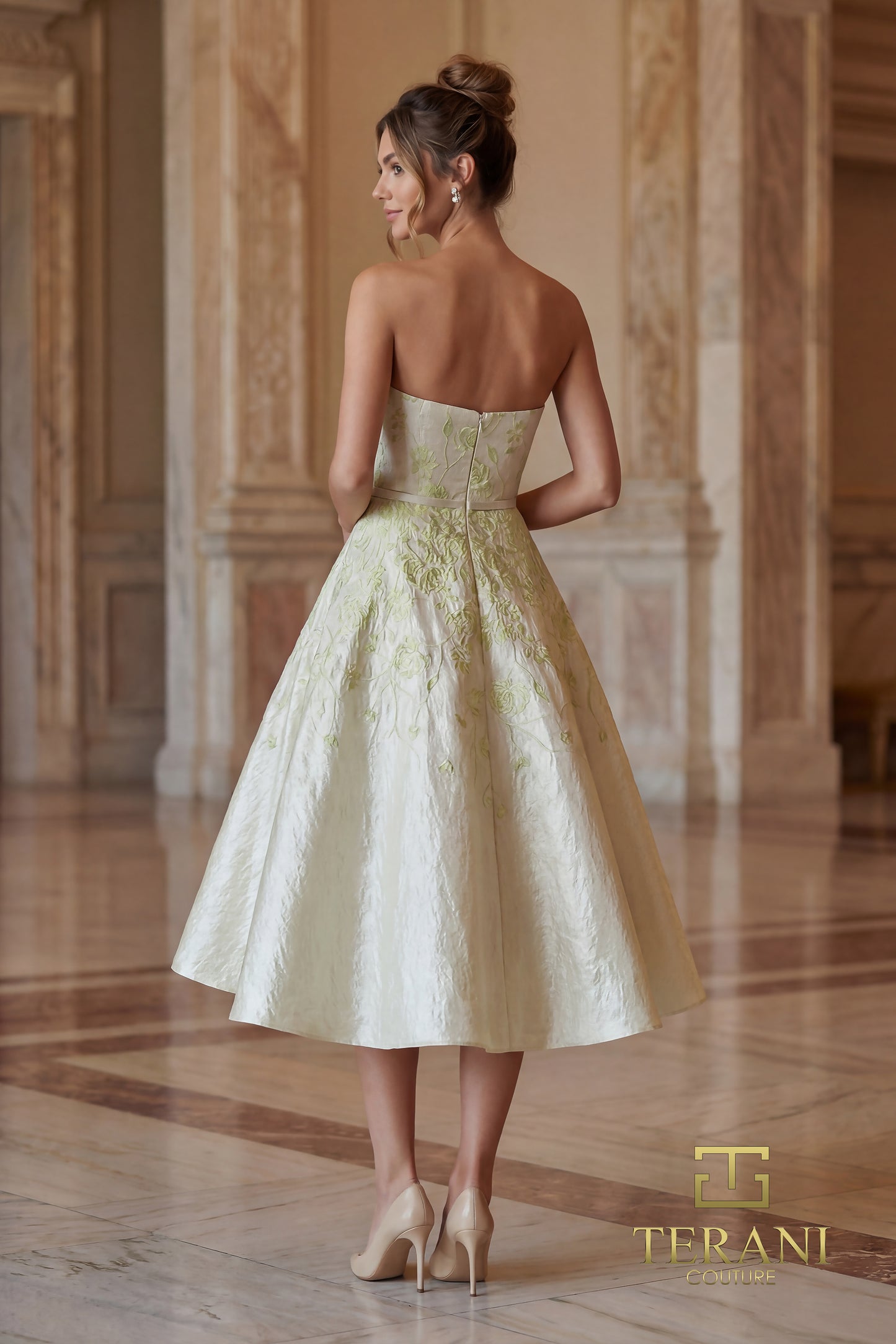 Terani Couture 262C7500 Silver Strapless Embroidered Metallic Jacquard A-Line Cocktail Dress