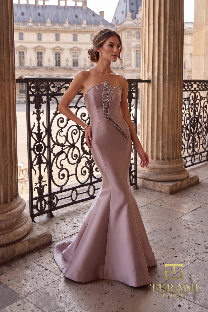 Terani Couture 262E7055 Pink Asymmetrical Strapless Crystal-Inset Mikado Architectural Mermaid Gown