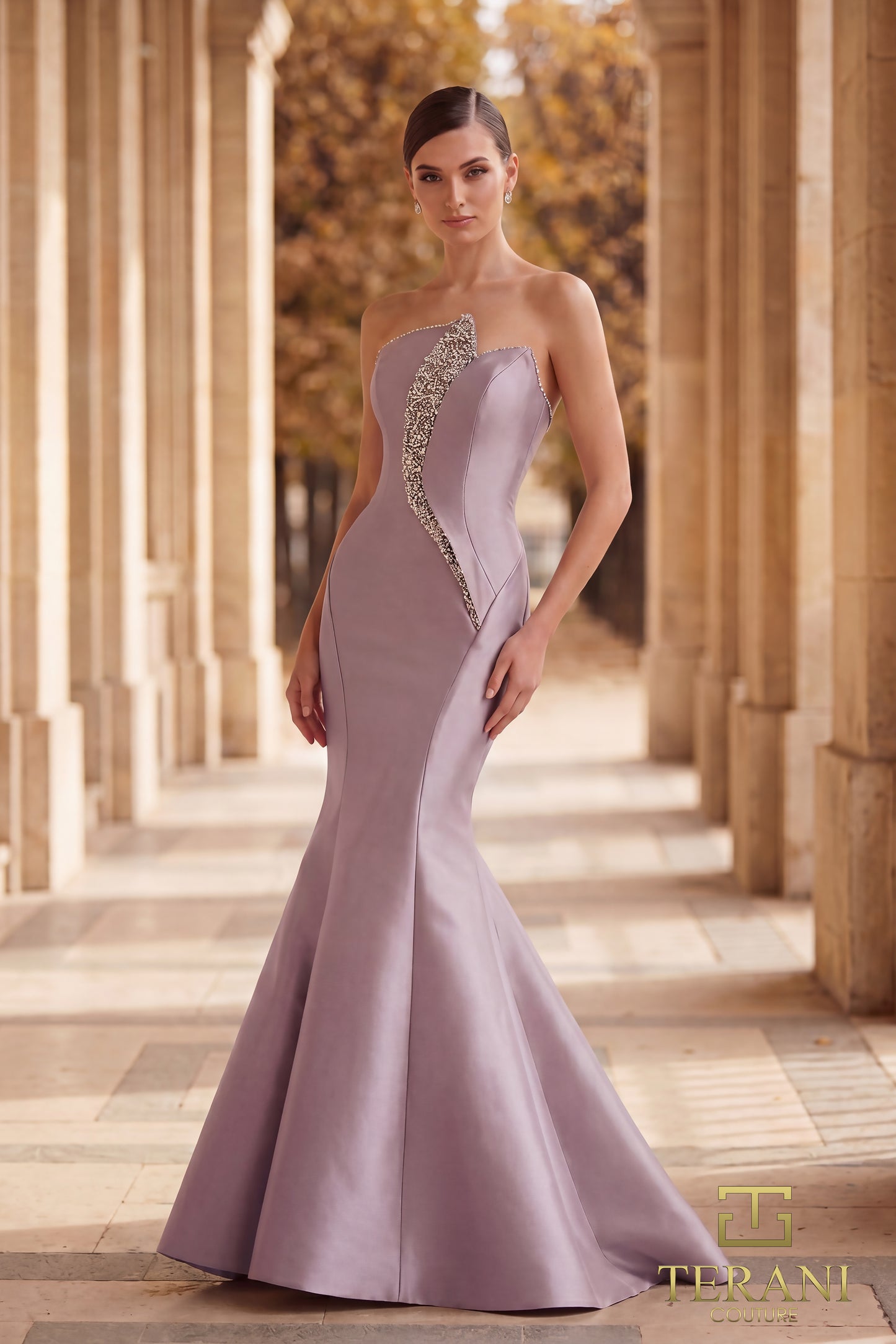 Terani Couture 262E7055 Pink Asymmetrical Strapless Crystal-Inset Mikado Architectural Mermaid Gown