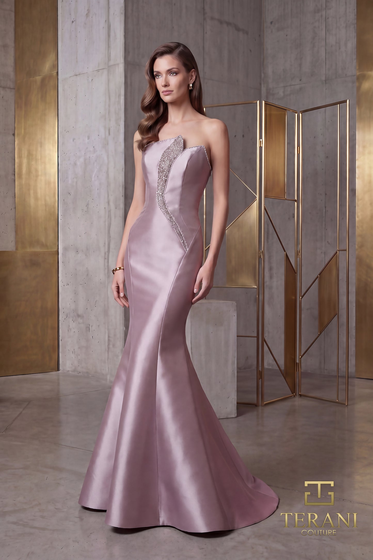 Terani Couture 262E7055 Pink Asymmetrical Strapless Crystal-Inset Mikado Architectural Mermaid Gown