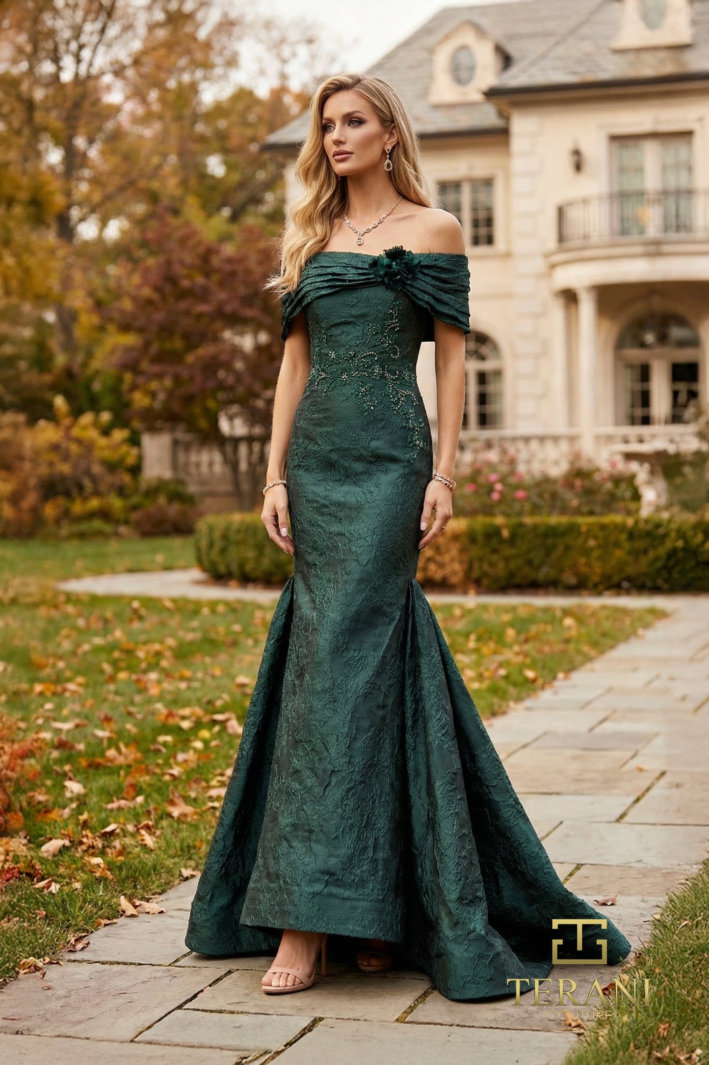 Terani Couture 262E7069 Green Off-the-Shoulder Trumpet Evening Gown