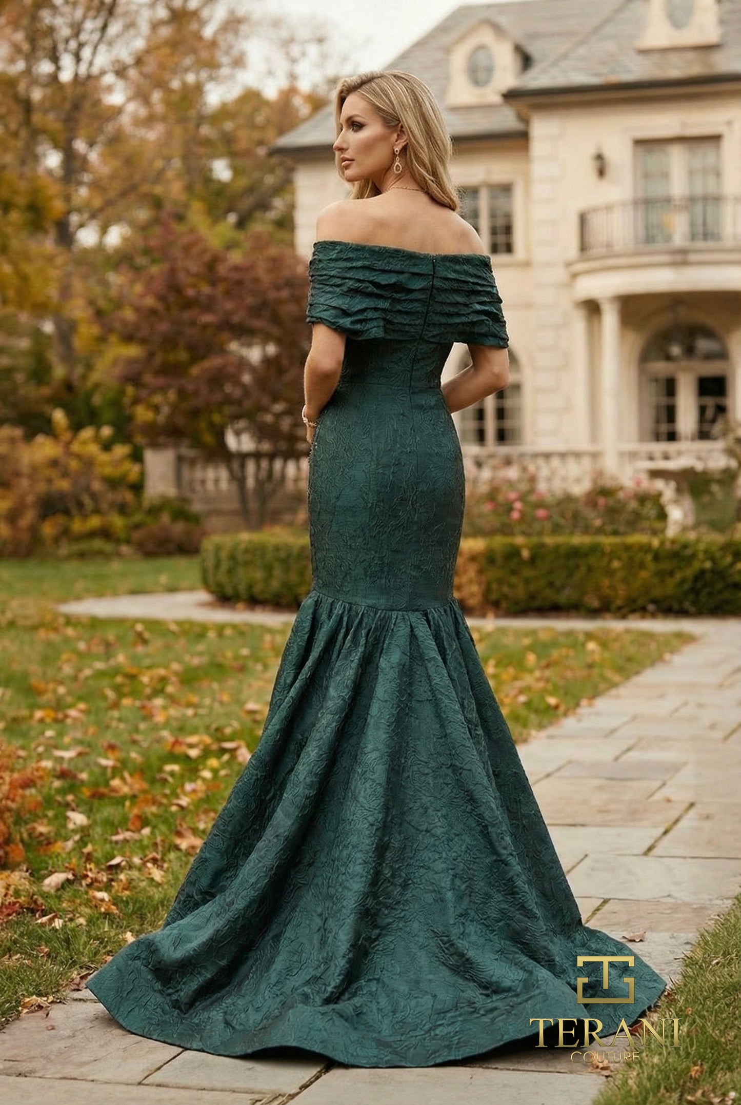 Terani Couture 262E7069 Green Off-the-Shoulder Trumpet Evening Gown