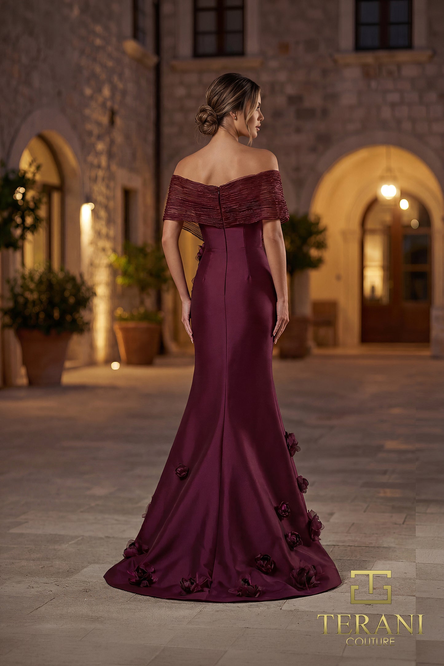 Terani Couture 262E7070 Wine Off-The-Shoulder 3D Floral Mikado Trumpet Gown