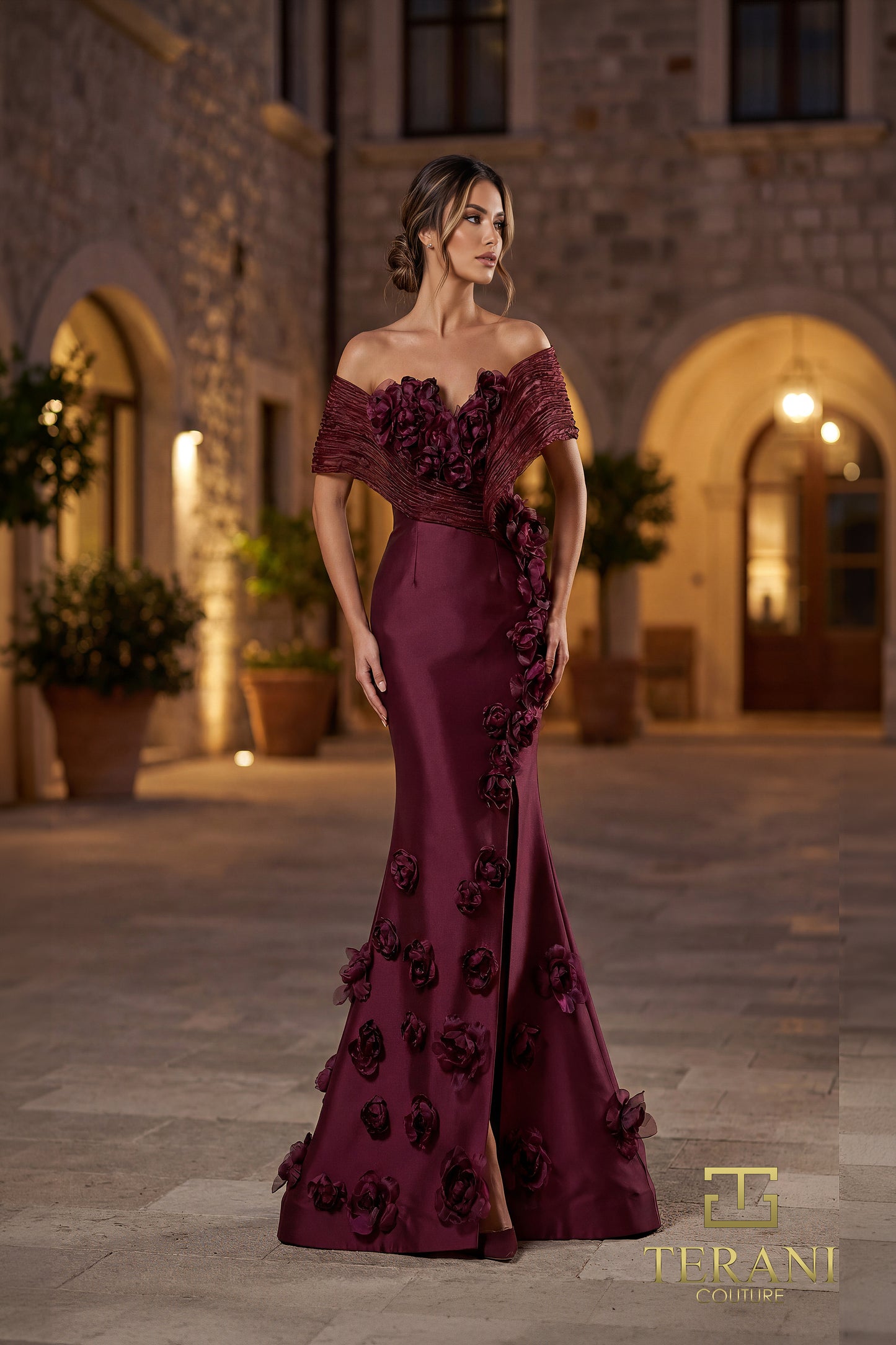 Terani Couture 262E7070 Wine Off-The-Shoulder 3D Floral Mikado Trumpet Gown