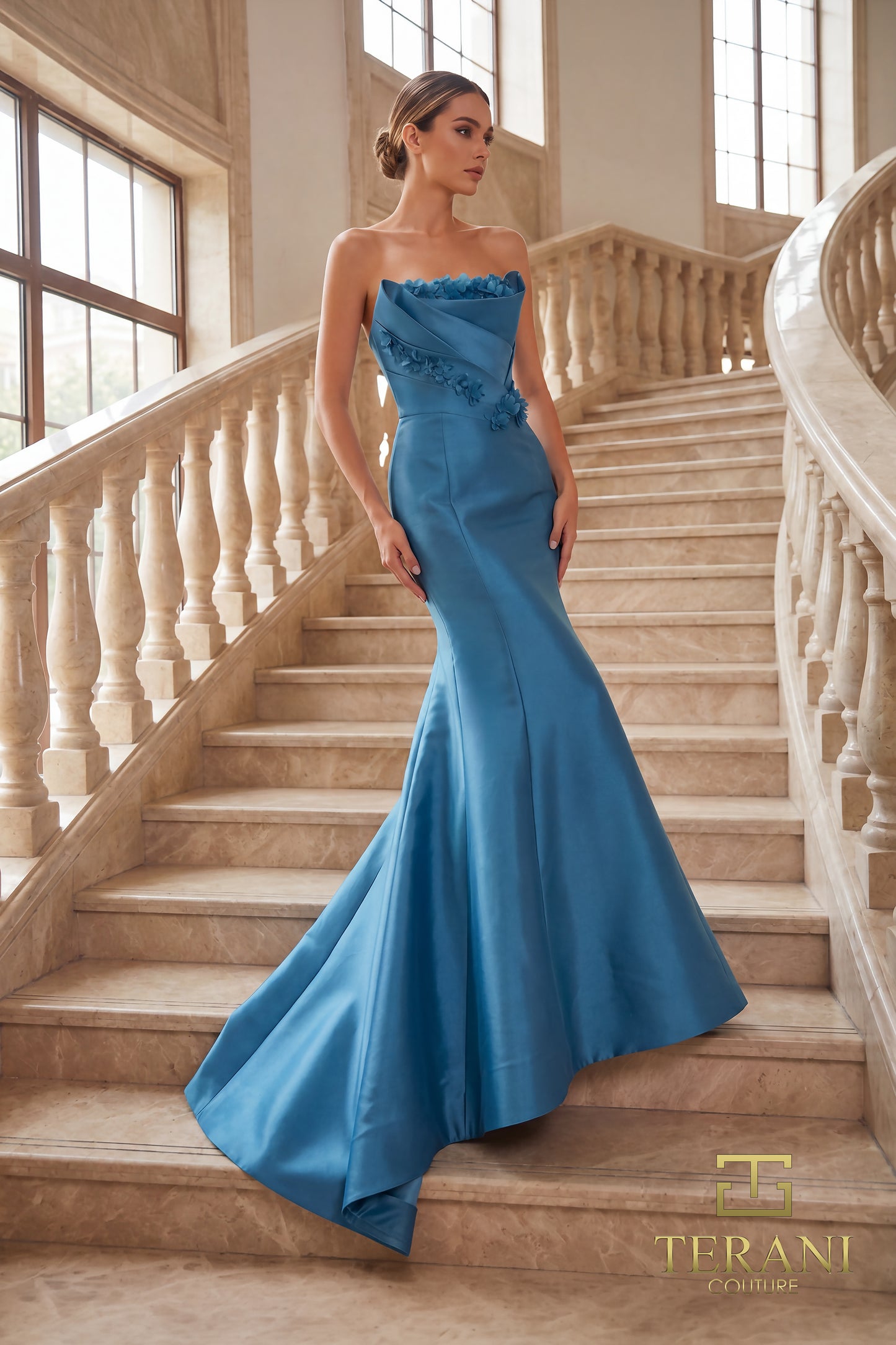 Terani Couture 262E7072 Strapless Architectural Stretch Mikado Trumpet Gown