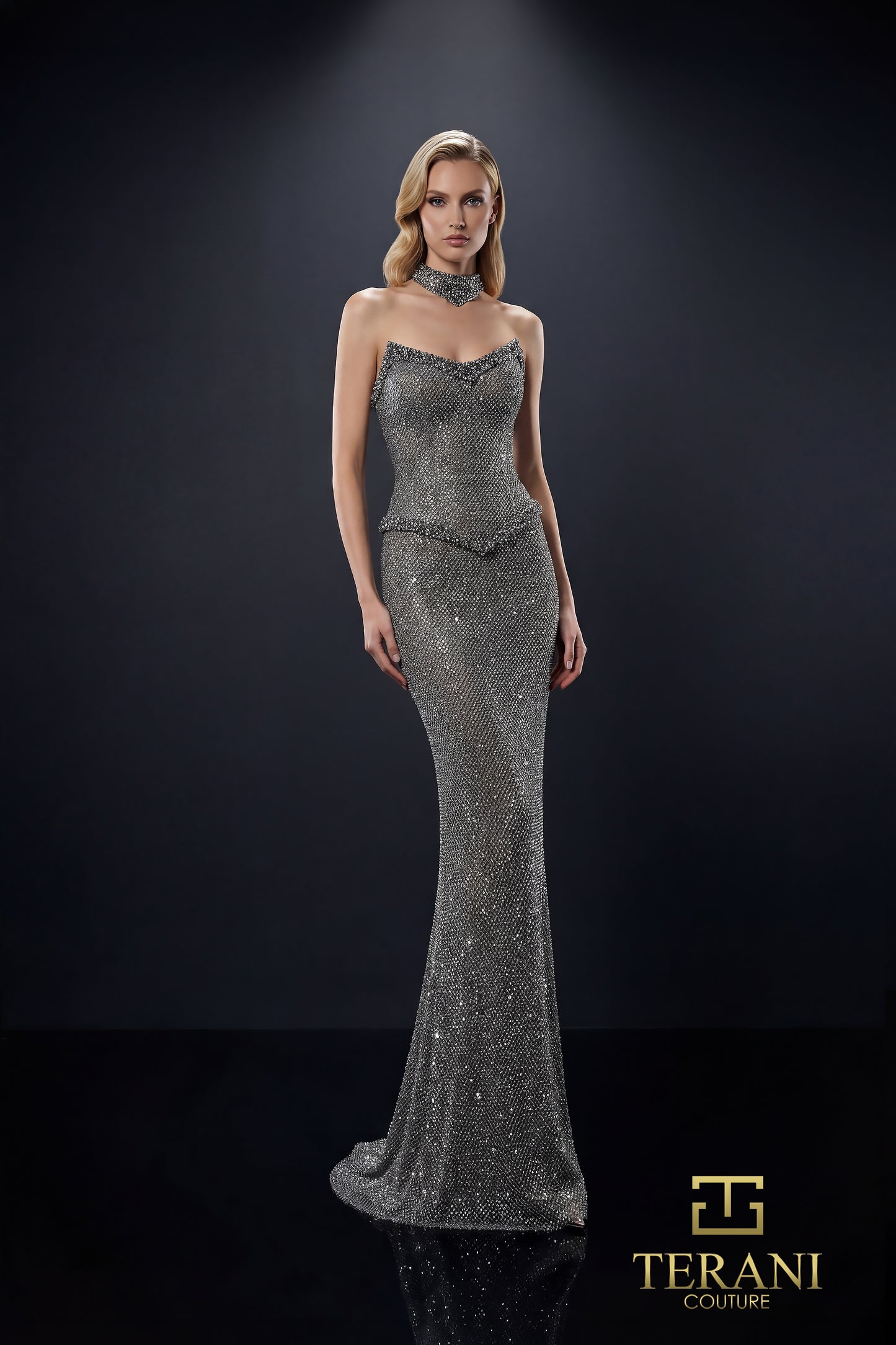 Terani Couture 262E7081 Silver Strapless Sequin Gown with Scalloped Sweetheart Neckline and Glitter Lining