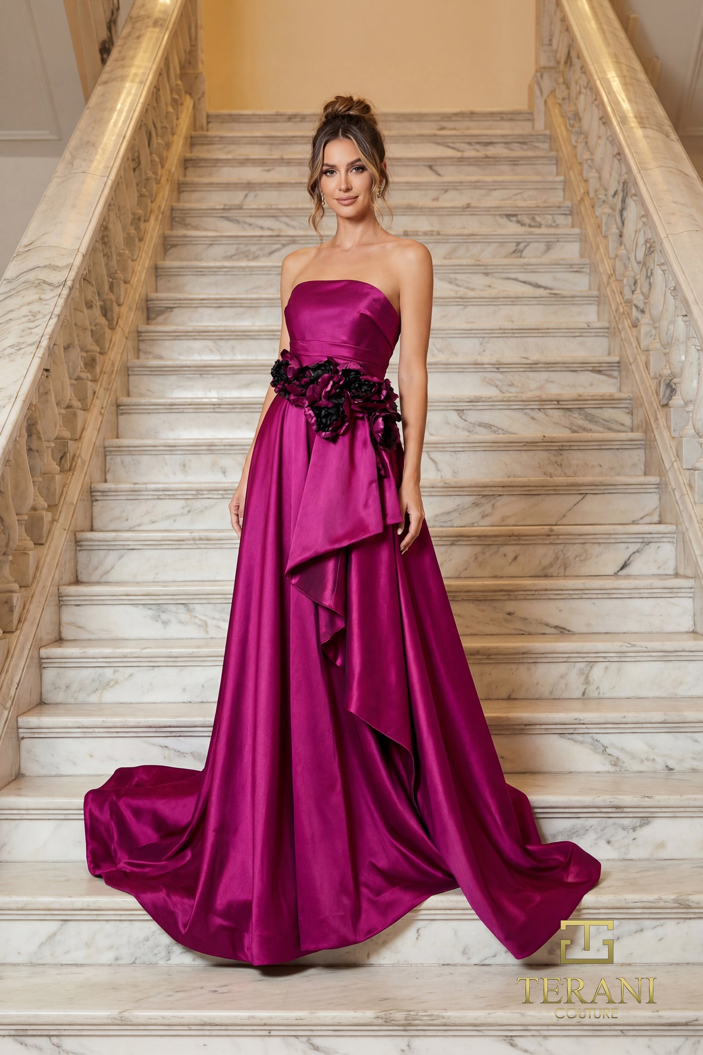 Terani Couture 262E7082 Strapless Iridescent Taffeta A-Line Gown with 3D Floral Accent