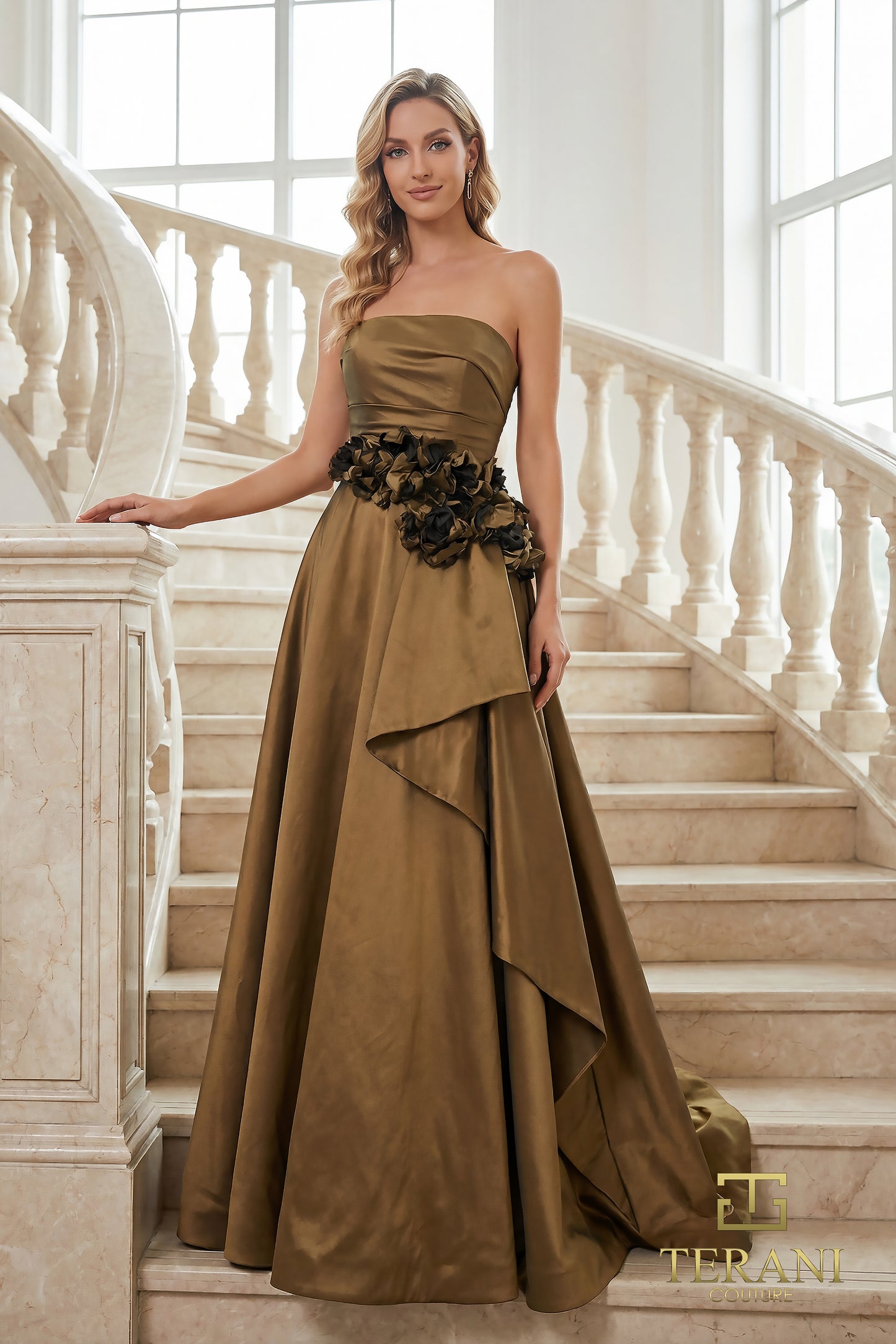 Terani Couture 262E7082 Strapless Iridescent Taffeta A-Line Gown with 3D Floral Accent