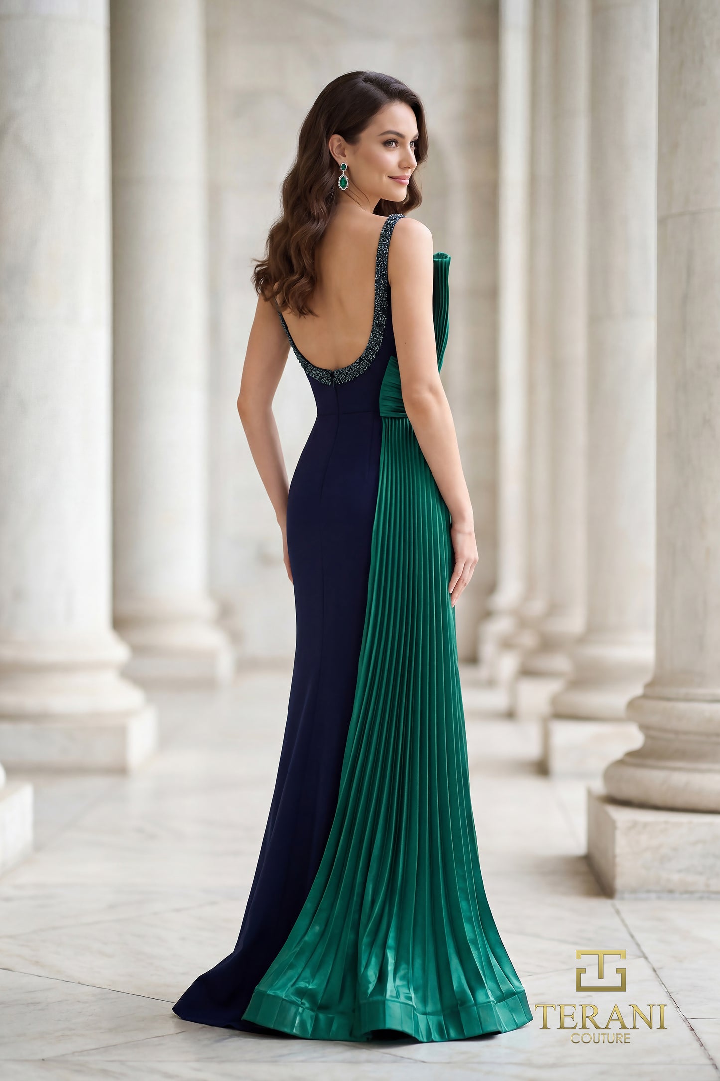 Terani Couture 262E7085 Navy Green Asymmetrical Sweetheart Column Gown with Sunray Pleated Side Cascade