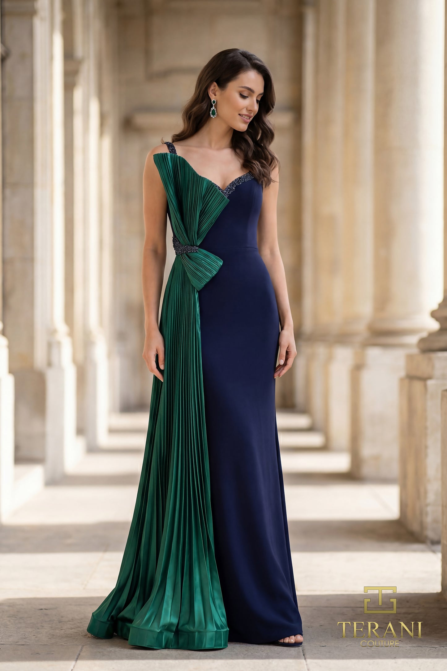 Terani Couture 262E7085 Navy Green Asymmetrical Sweetheart Column Gown with Sunray Pleated Side Cascade