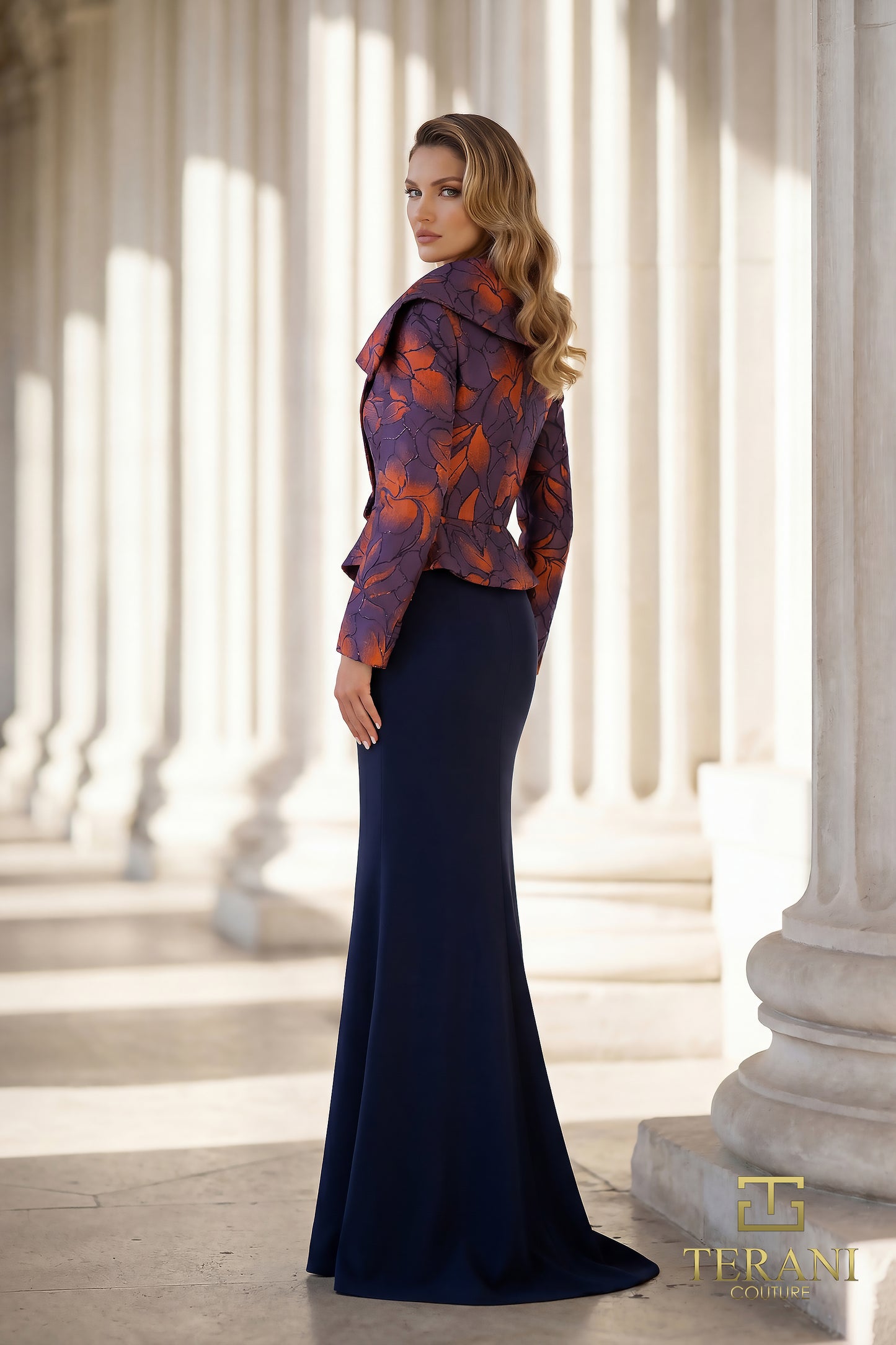 Terani Couture 262E7090 Navy Multi Asymmetrical Portrait Jacket-Style Jacquard & Crepe Trumpet Gown with Slit
