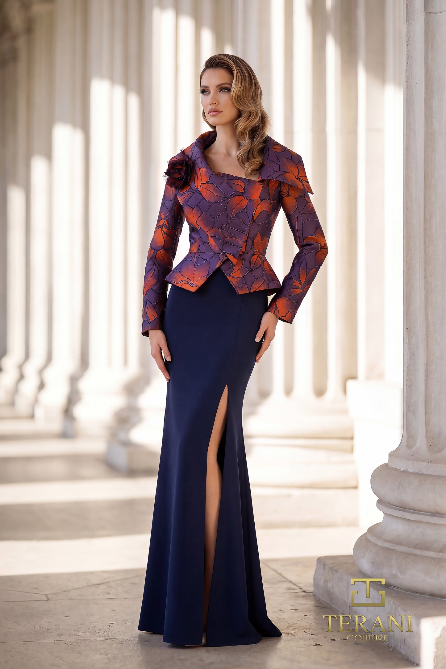 Terani Couture 262E7090 Navy Multi Asymmetrical Portrait Jacket-Style Jacquard & Crepe Trumpet Gown with Slit