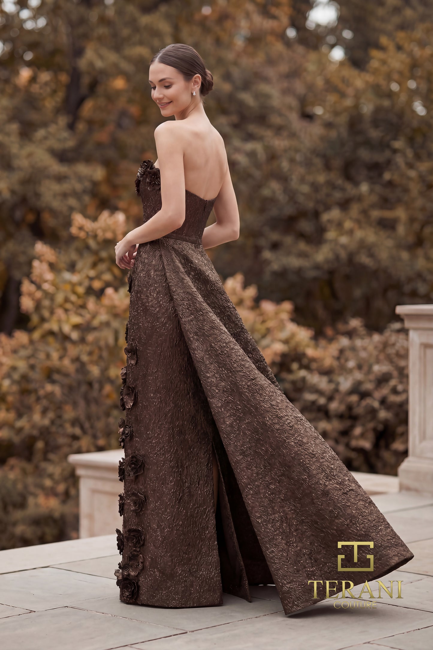 Terani Couture 262E7093 Brown Strapless Gratacos Stretch Jacquard Column Evening Gown with 3D Rosettes