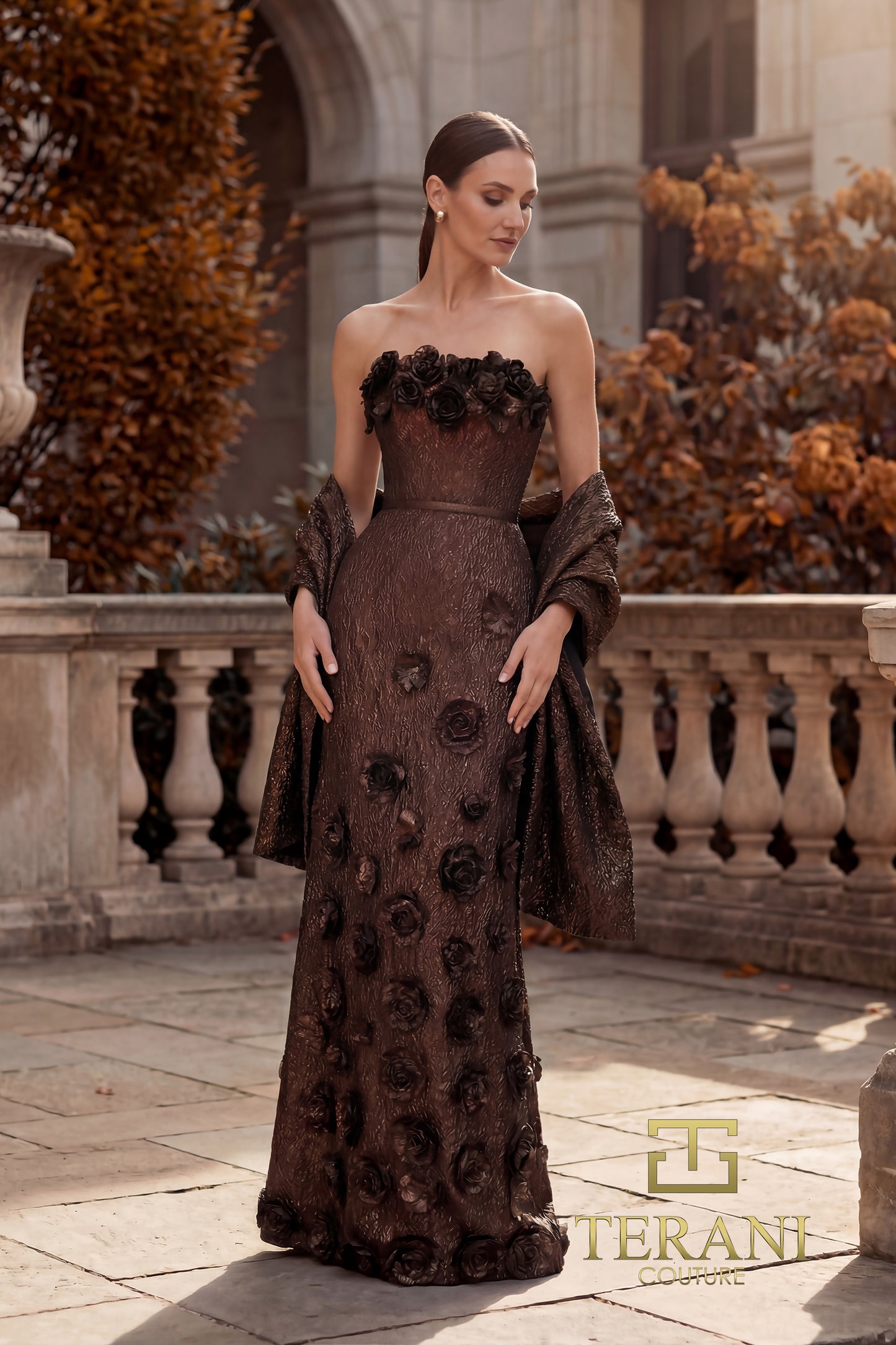 Terani Couture 262E7093 Brown Strapless Gratacos Stretch Jacquard Column Evening Gown with 3D Rosettes