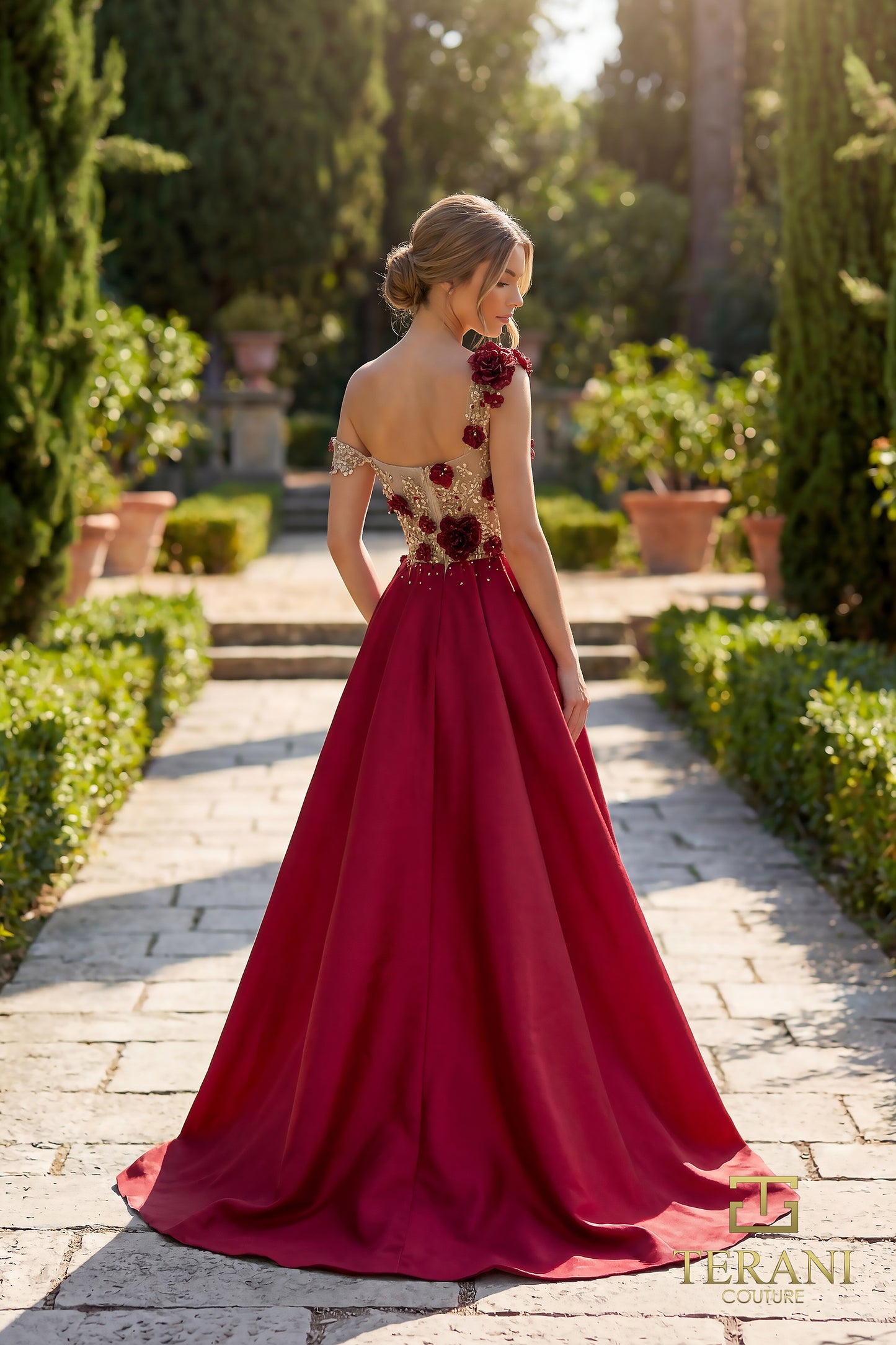 Terani Couture 262E7097 Red Asymmetrical Sweetheart 3D Floral Mermaid Evening Gown with Mikado Overskirt
