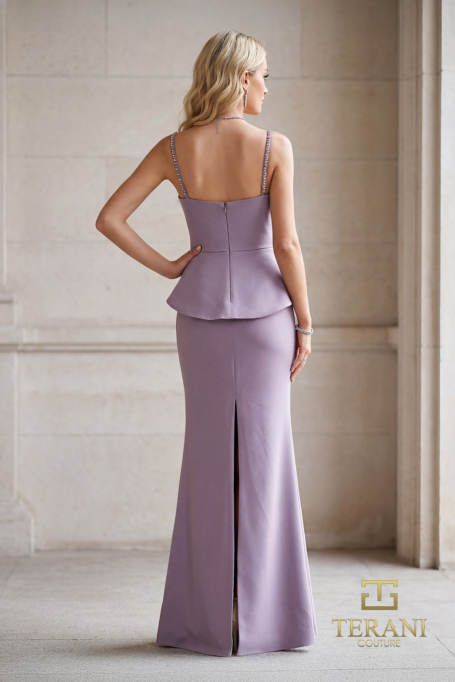 Terani Couture 262E7099 Lavender Corset-Style Beaded Peplum Stretch Twill Mermaid Gown