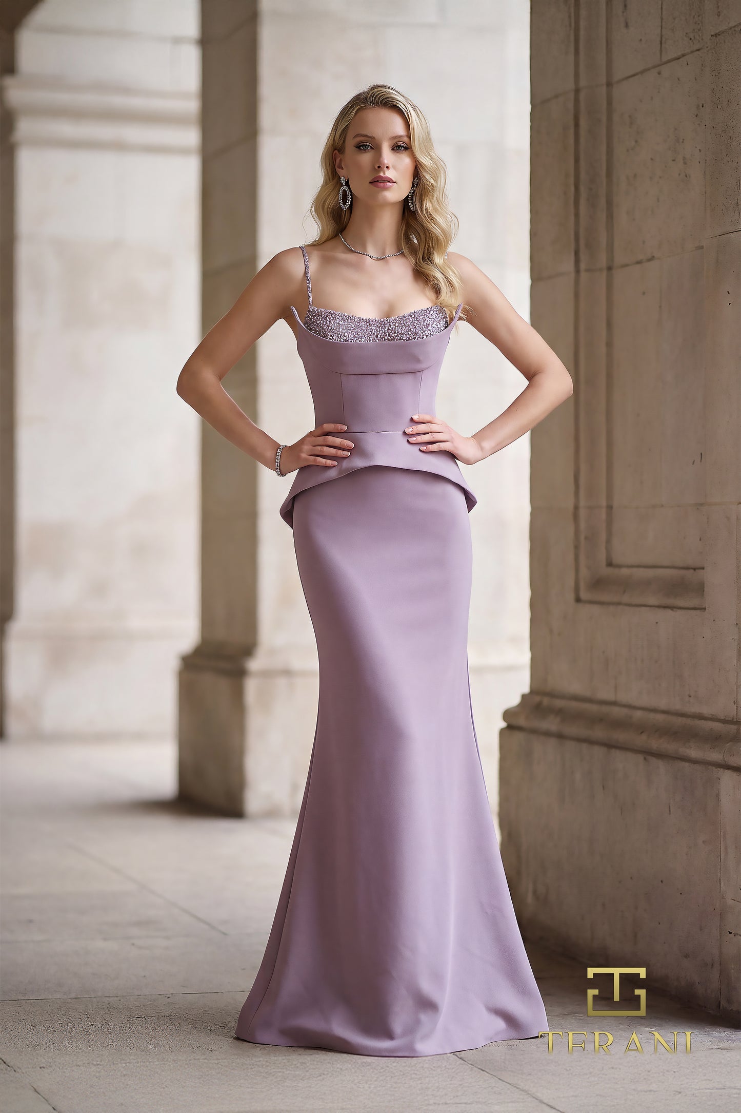 Terani Couture 262E7099 Lavender Corset-Style Beaded Peplum Stretch Twill Mermaid Gown