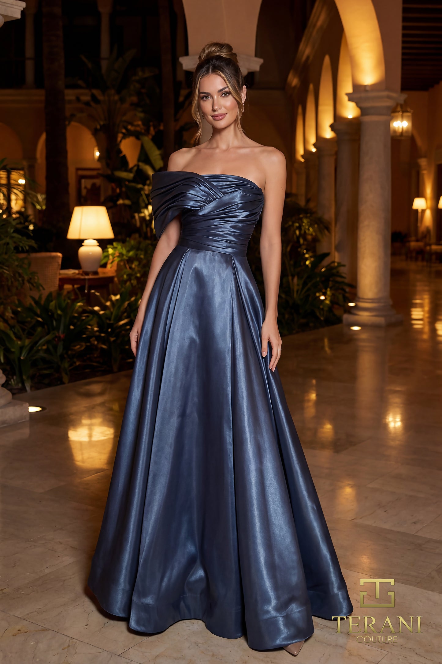 Terani Couture 262E7103 Navy Asymmetrical One-Shoulder Mirror Organza Evening Ballgown