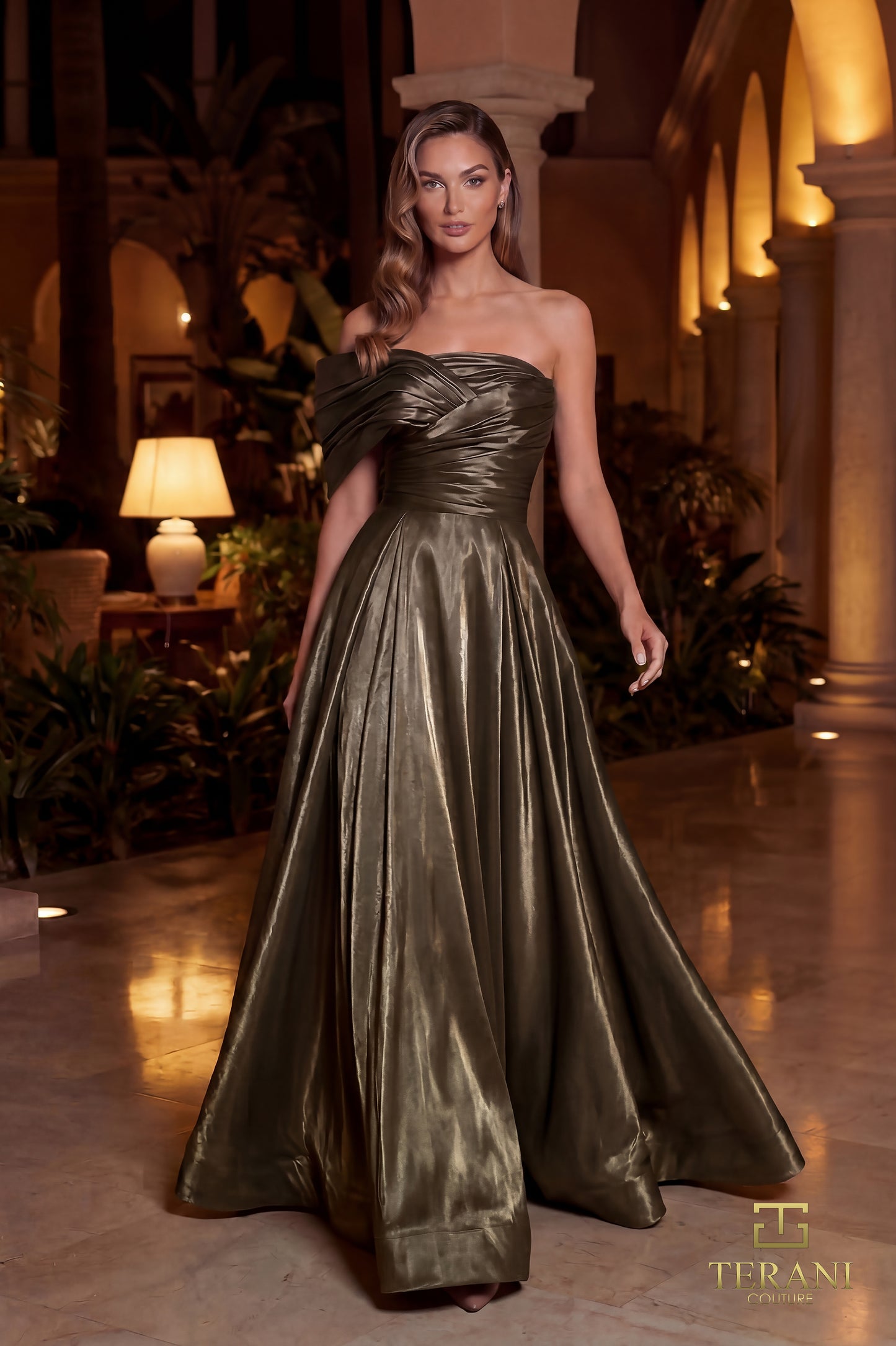 Terani Couture 262E7103 Navy Asymmetrical One-Shoulder Mirror Organza Evening Ballgown