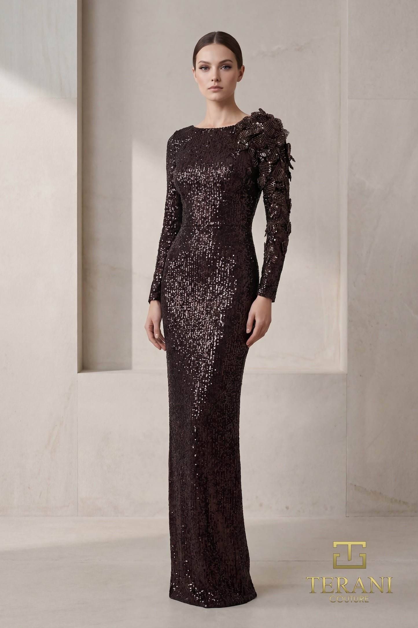 Terani Couture 262E7106 Brown Bateau Long-Sleeve Sequin Column Sheath Gown