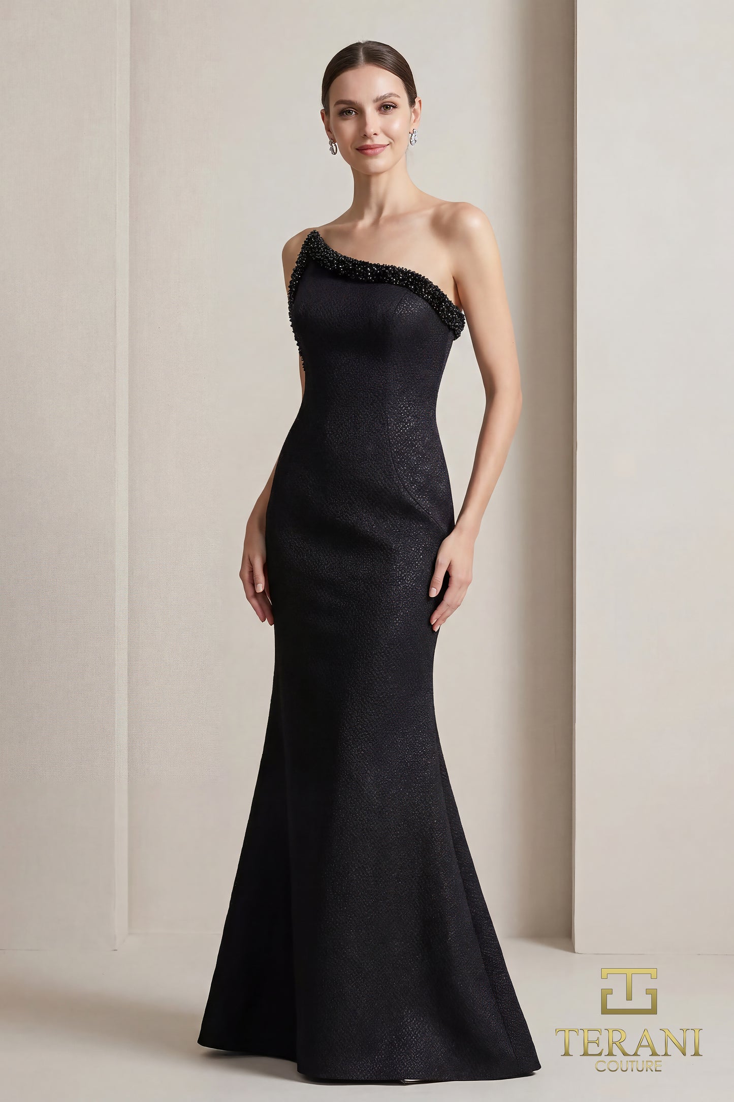 Terani Couture 262E7107 Black Asymmetrical Beaded One-Shoulder Stretch Jacquard Trumpet Gown