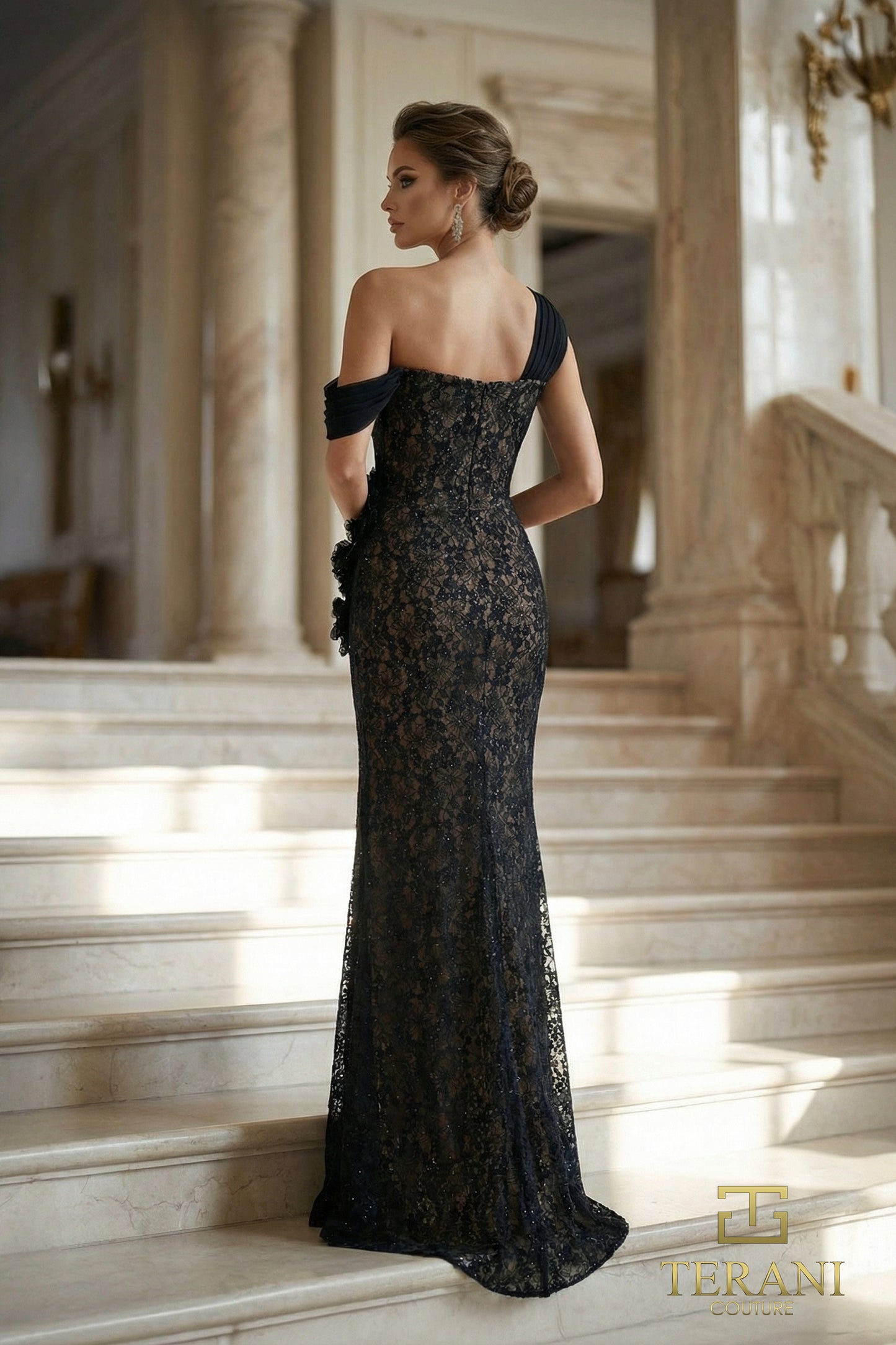 Terani Couture 262E7112 Black Asymmetrical One-Shoulder Lace over Chiffon Slit Gown