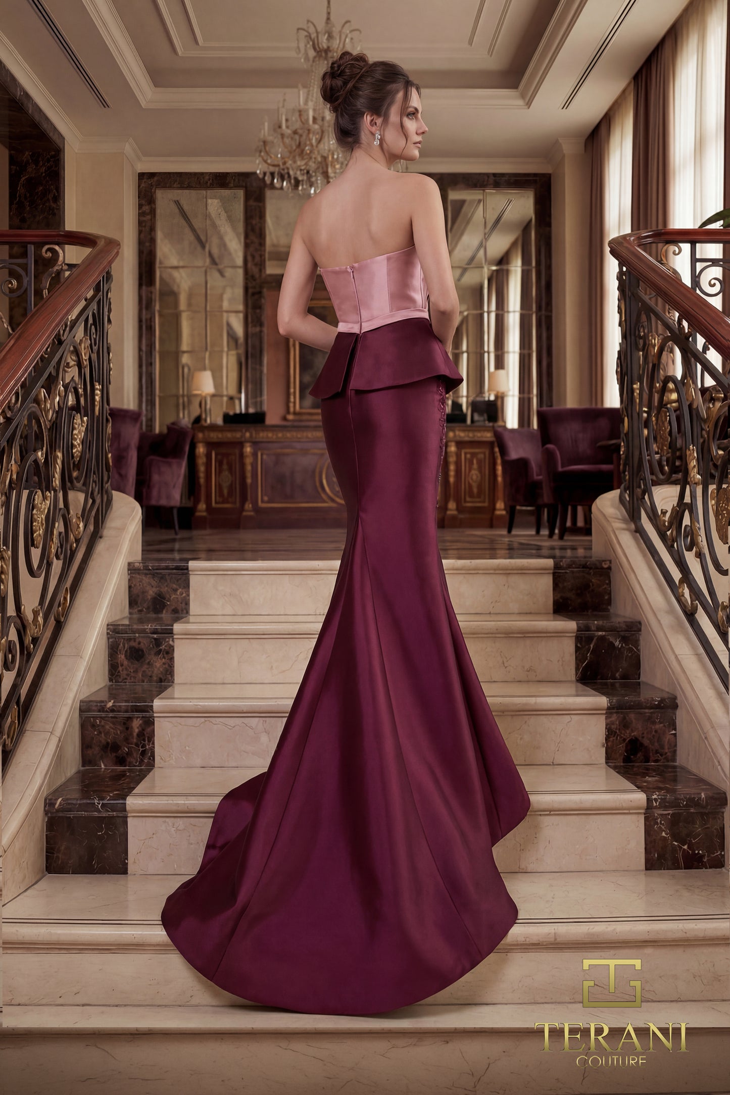 Terani Couture 262E7115 Pink Strapless Architectural Fan-Bodice Mikado Peplum Trumpet Gown