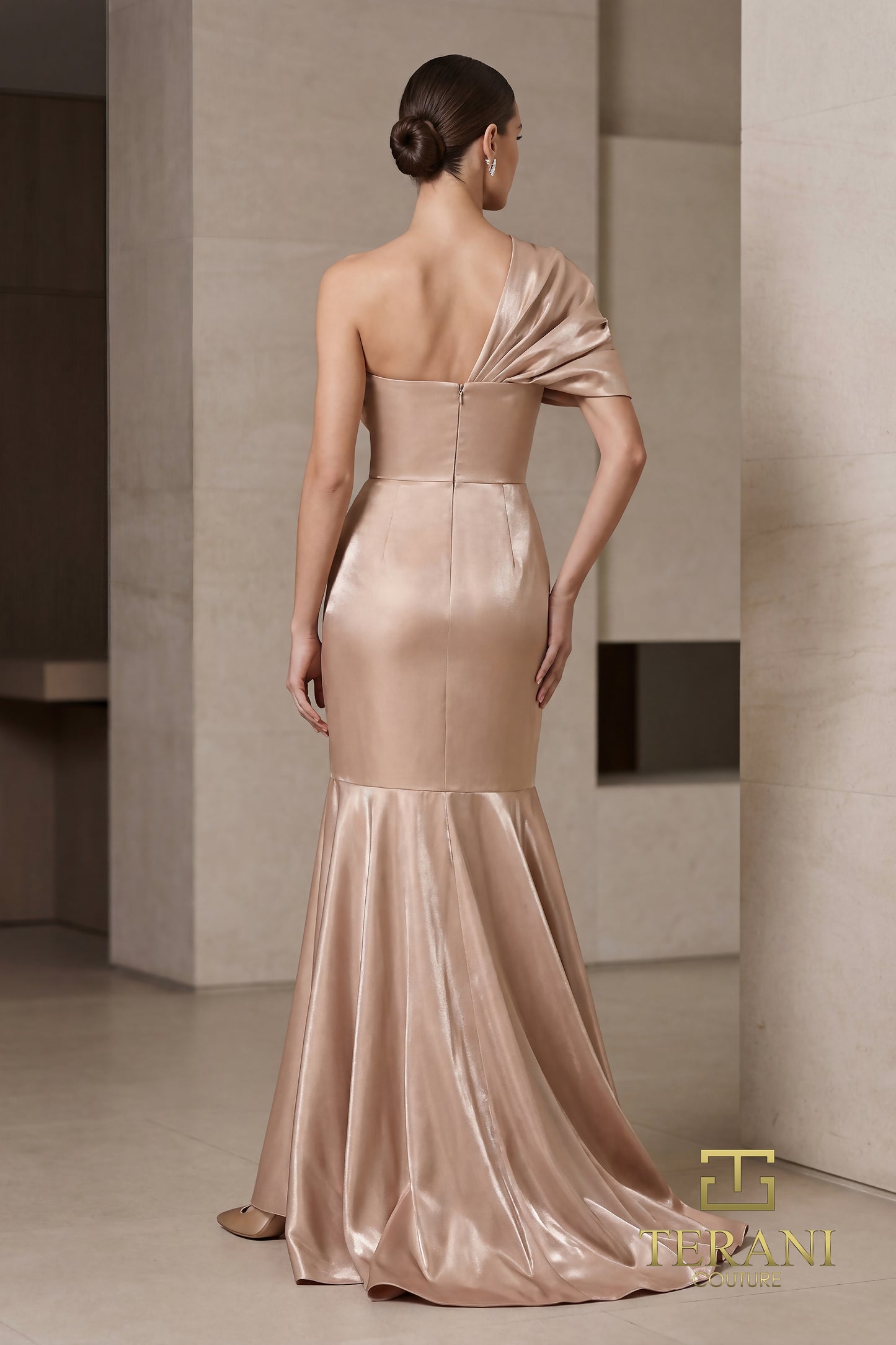 Terani Couture 262E7119 Champagne Asymmetrical Draped One-Shoulder Stretch Satin Mermaid Gown