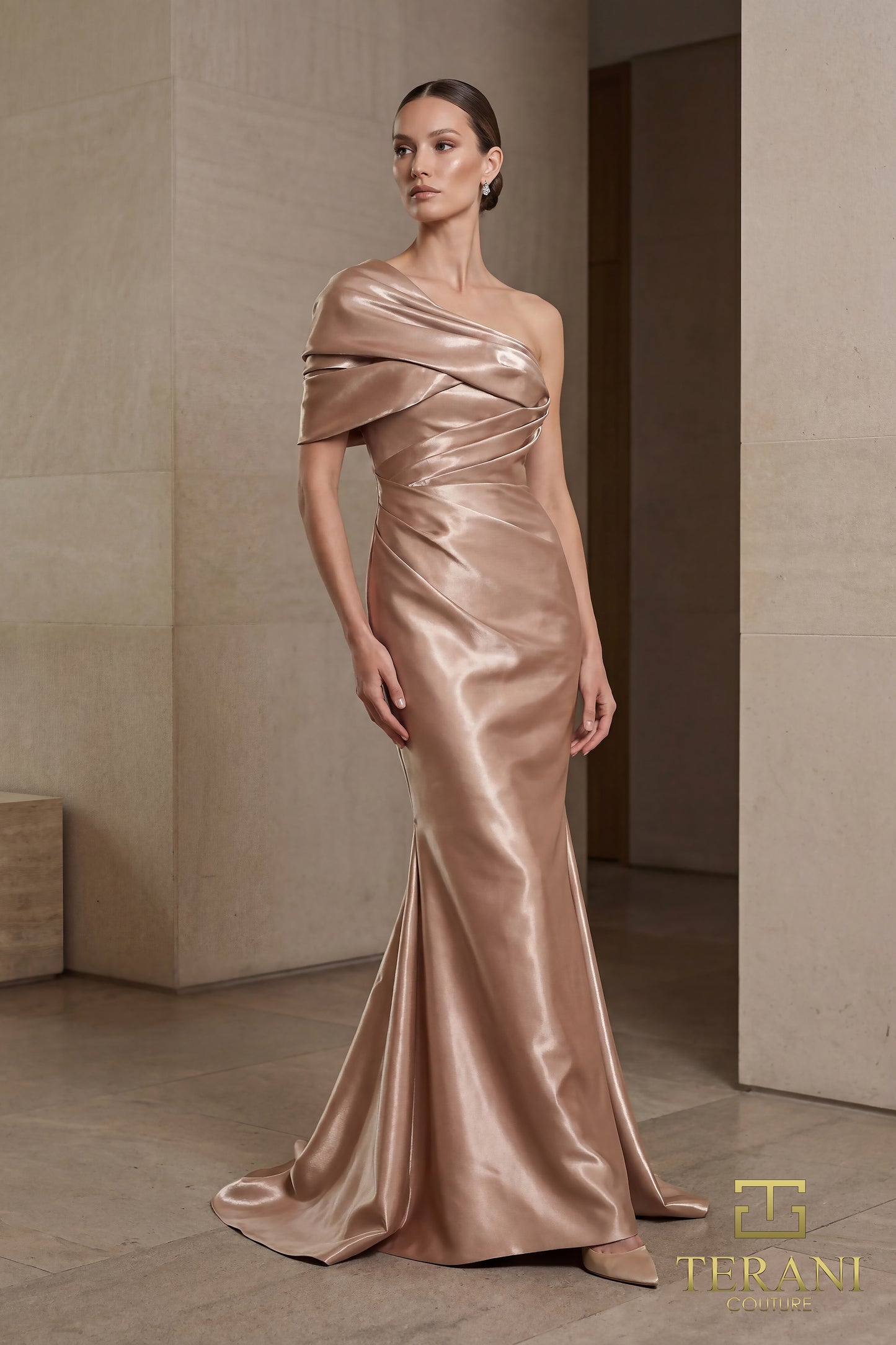 Terani Couture 262E7119 Champagne Asymmetrical Draped One-Shoulder Stretch Satin Mermaid Gown