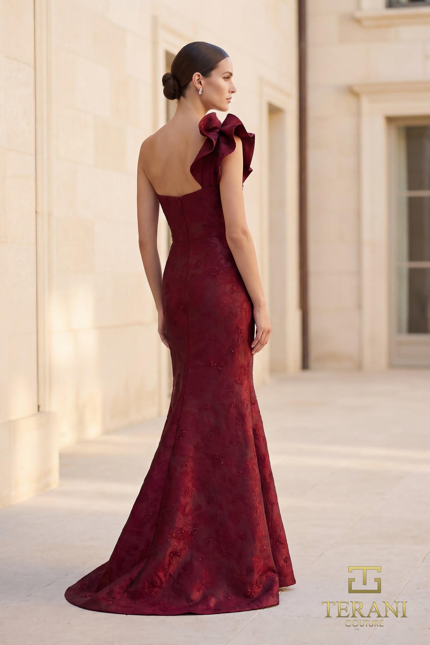 Terani Couture 262E7136 Red One Shoulder Asymmetrical Mermaid With Architectural Ruffle