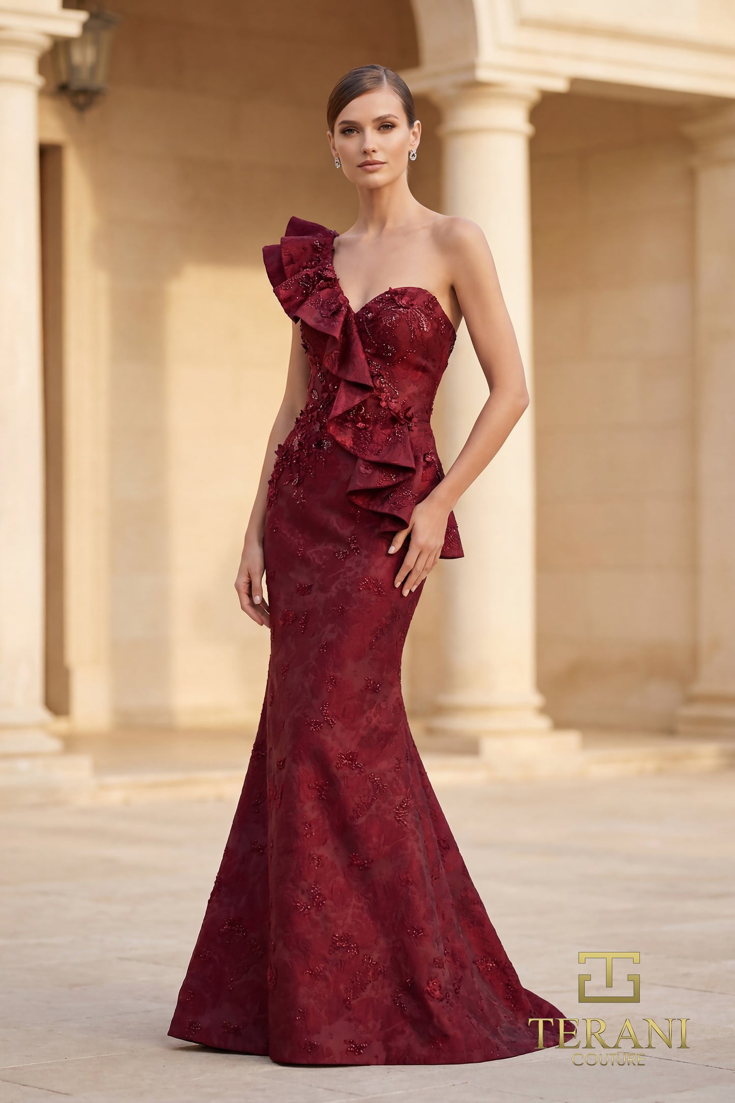 Terani Couture 262E7136 Red One Shoulder Asymmetrical Mermaid With Architectural Ruffle