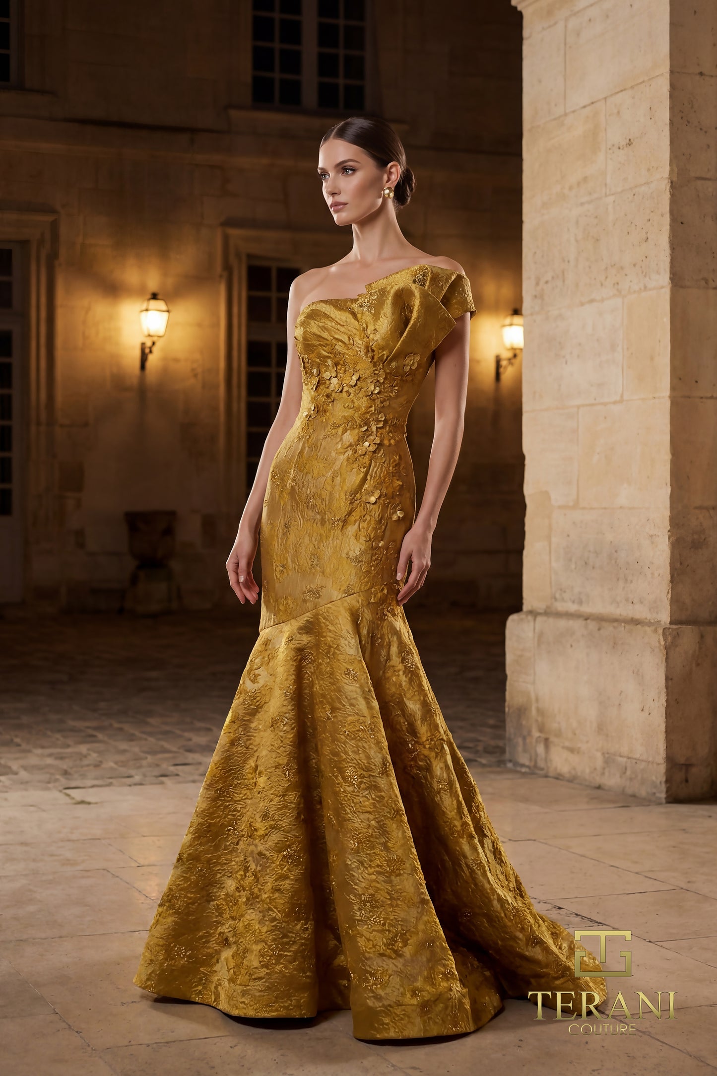 Terani Couture 262E7137 Gold One-Shoulder Jacquard Trumpet Gown