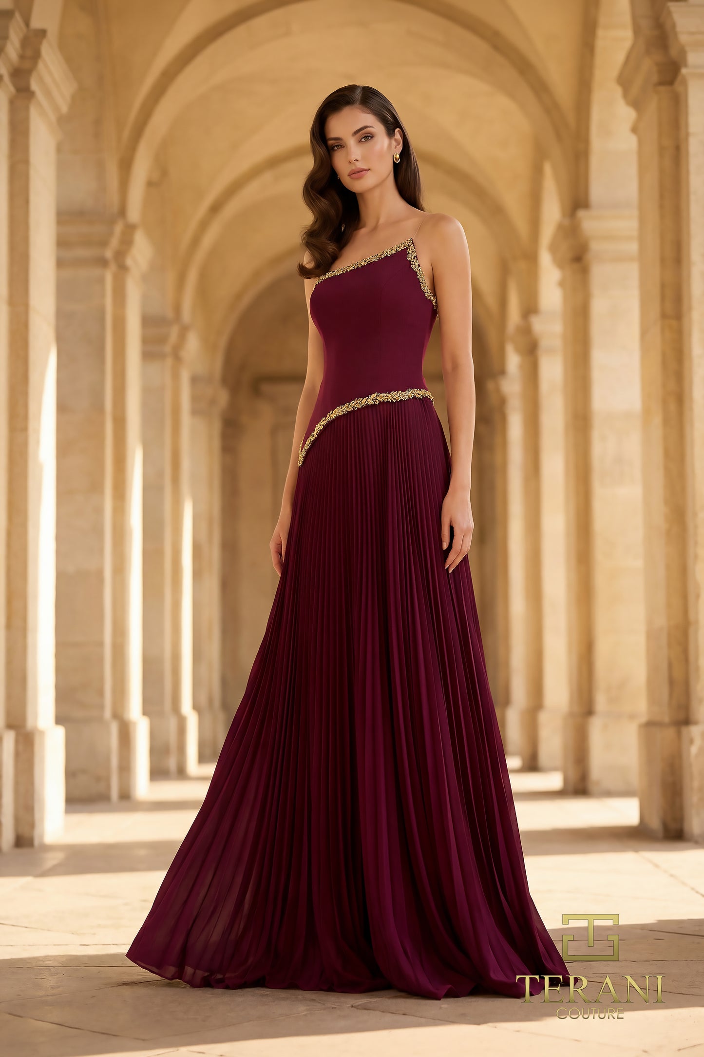 Terani Couture 262E7352 Black Asymmetrical Gold Filigree Basque Waist Crepe & Pleated Chiffon A-Line Evening Gown