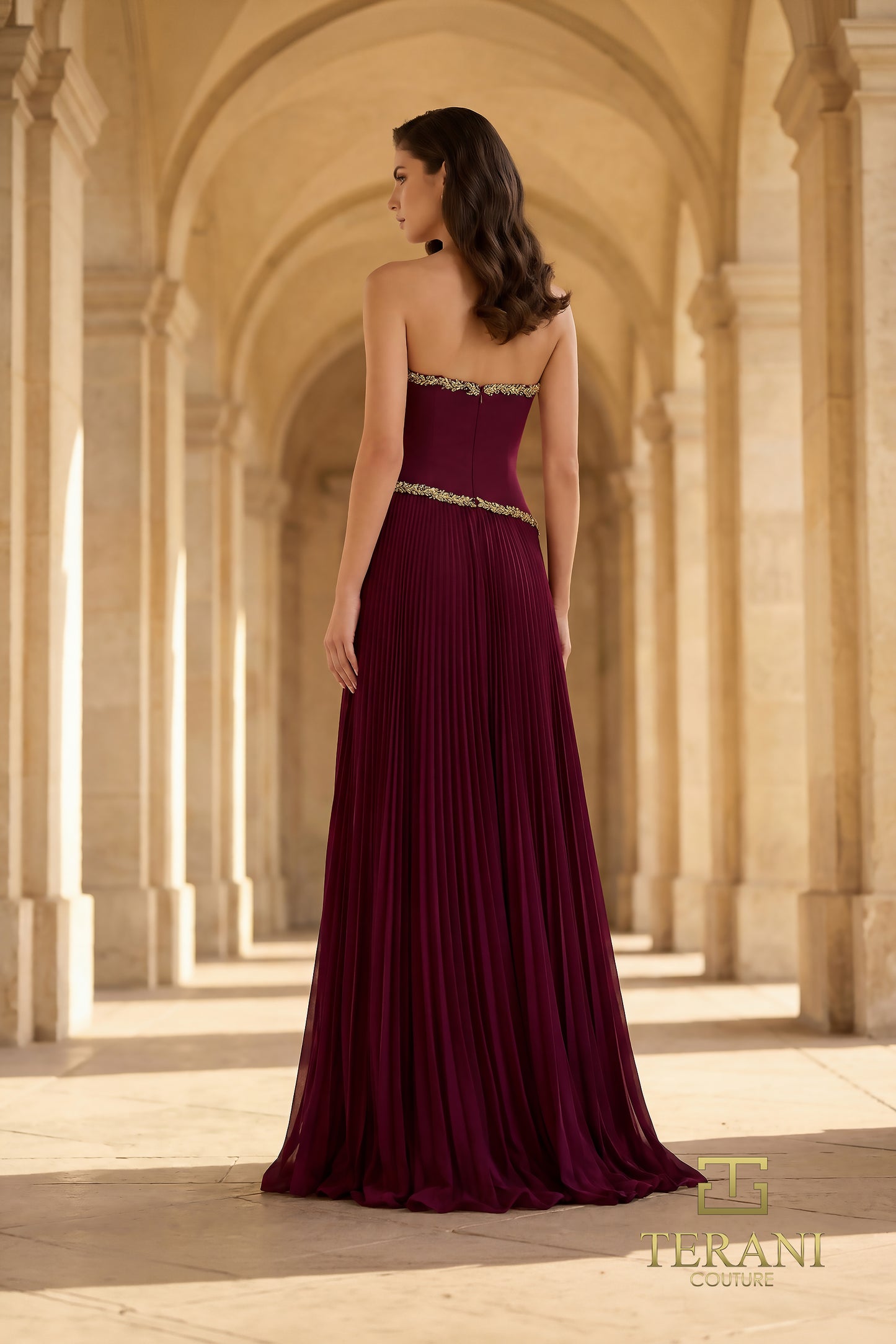 Terani Couture 262E7352 Black Asymmetrical Gold Filigree Basque Waist Crepe & Pleated Chiffon A-Line Evening Gown