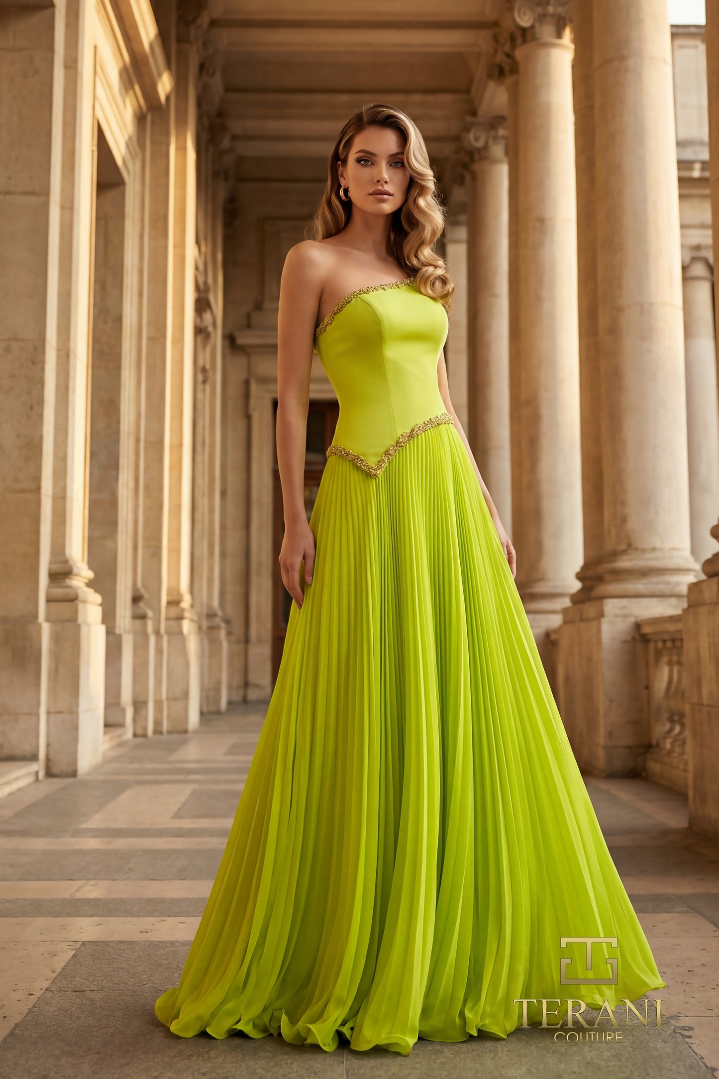 Terani Couture 262E7352 Black Asymmetrical Gold Filigree Basque Waist Crepe & Pleated Chiffon A-Line Evening Gown