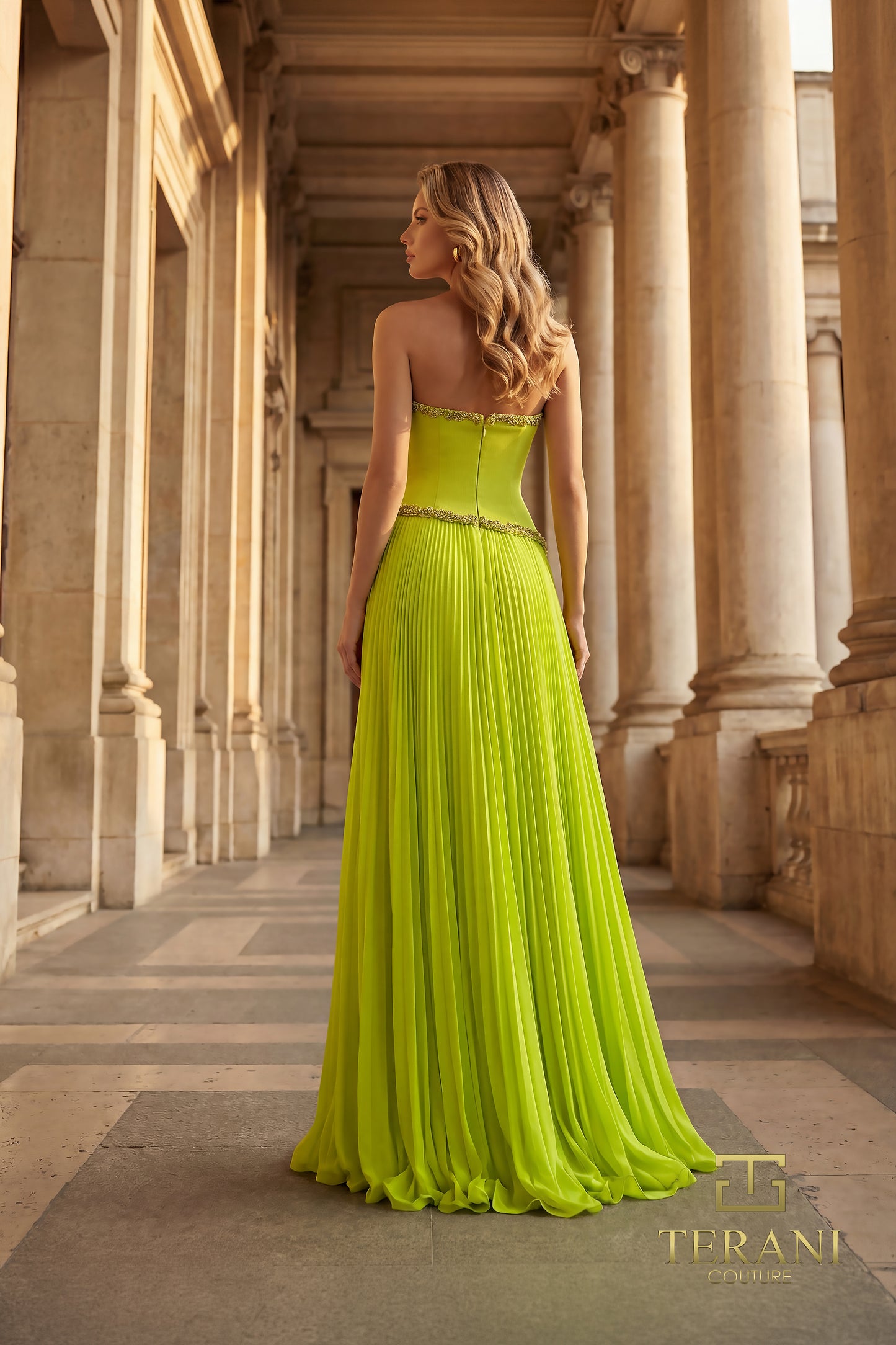 Terani Couture 262E7352 Black Asymmetrical Gold Filigree Basque Waist Crepe & Pleated Chiffon A-Line Evening Gown