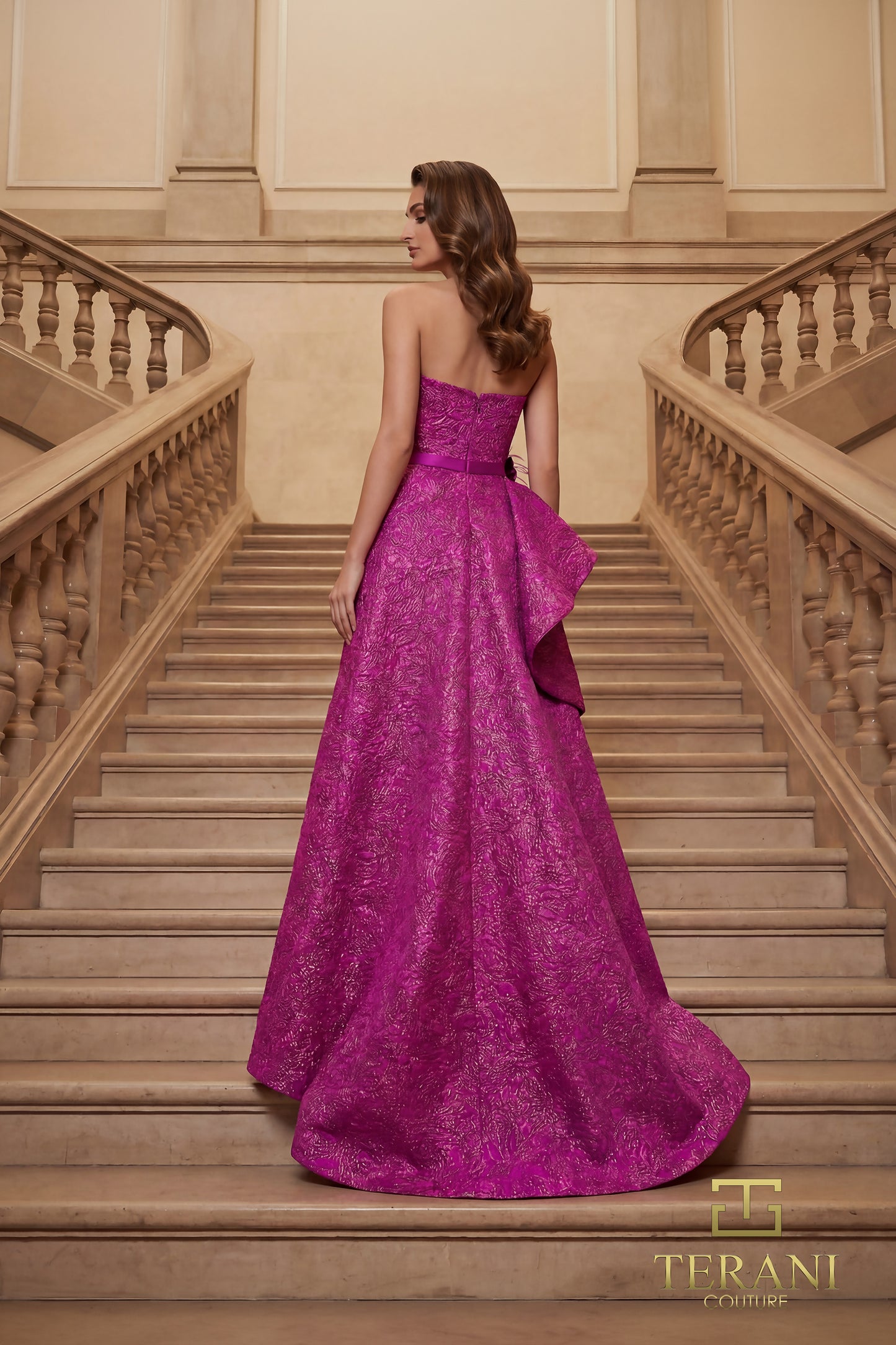 Terani Couture 262E7355 Fuchsia Strapless High-Low Metallic Jacquard Evening Gown